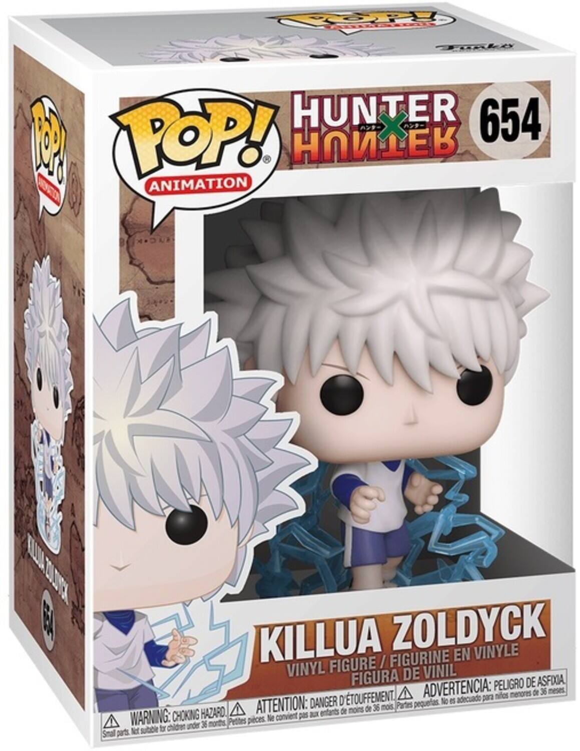 The text on the image can be grouped and corrected as follows:

**Product Information:**
- **Brand:** POP! Animation
- **Series:** Hunter x Hunter
- **Number:** 654
- **Character:** Killua Zoldyck
- **Type:** Vinyl Figure / Figurine en Vinyle / Figura de Vinil

**Warnings:**
- **Choking Hazard:** Small parts. Not suitable for children under 36 months.
  - **English:** WARNING: CHOKING HAZARD - Small parts. Not for children under 3 years.
  - **French:** ATTENTION: Petits objets. Ne convient pas aux enfants de moins de 36 mois.
  - **Spanish:** ADVERTENCIA: PELO DE ASFIXIA. No es adecuado para niños menores de 36 meses.
  - **Japanese:** 注意: 小さな部品です。36 ヶ月未満の幼児には不適です。

This ensures all the information is clear and correctly grouped by type.