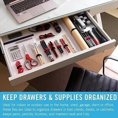 KEEP DRAWERS & SUPPLIES ORGANIZED

Ideal for indoor or outdoor use in the home, shed, garage, dorm, or office, these ties are ideal to organize drawers in tool chests, desks, or cabinets; keeps pens, pencils, brushes, and markers neat and tidy.