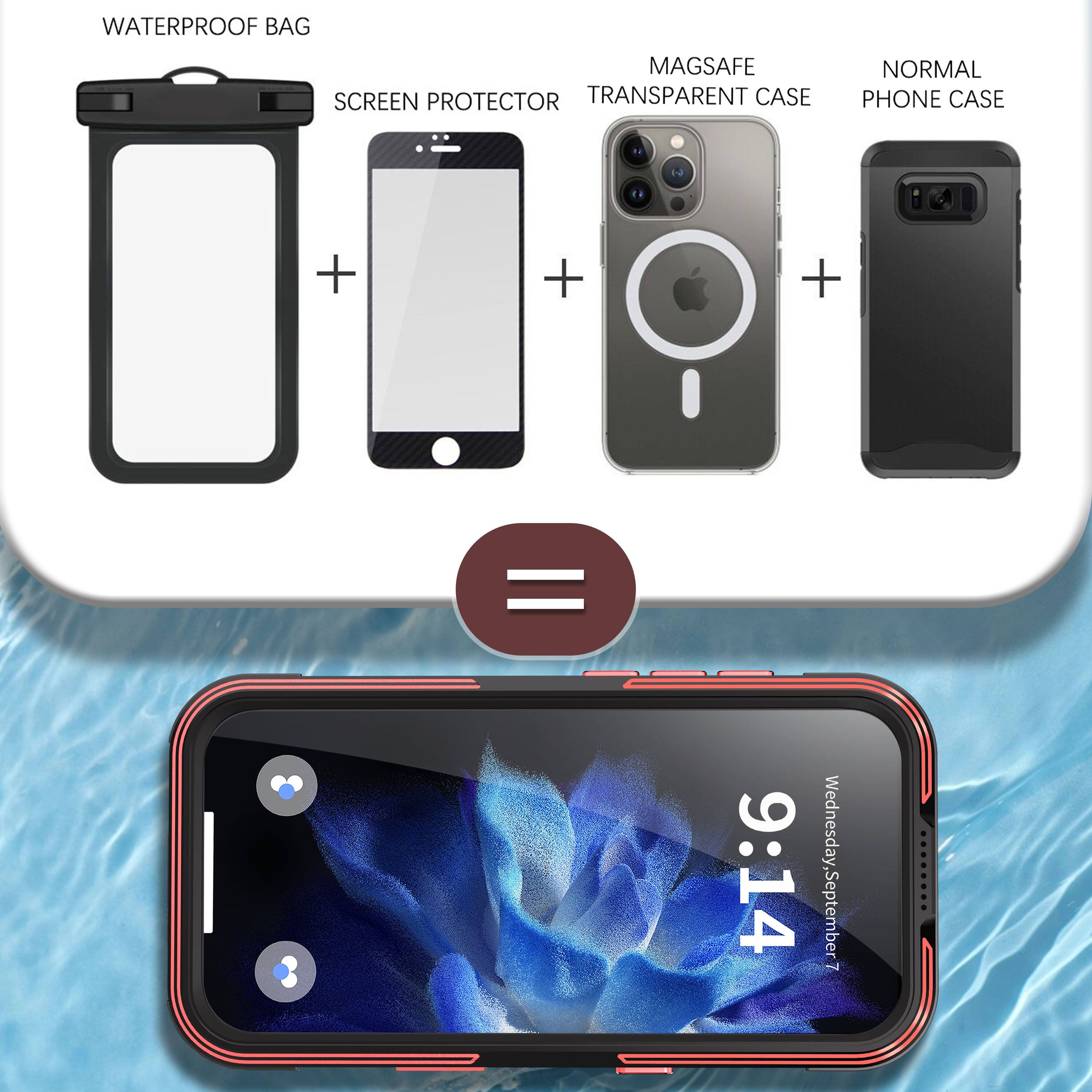 WATERPROOF BAG + SCREEN PROTECTOR + MAGSAFE TRANSPARENT CASE + NORMAL PHONE CASE = 3

9:14 Wednesday, September 7