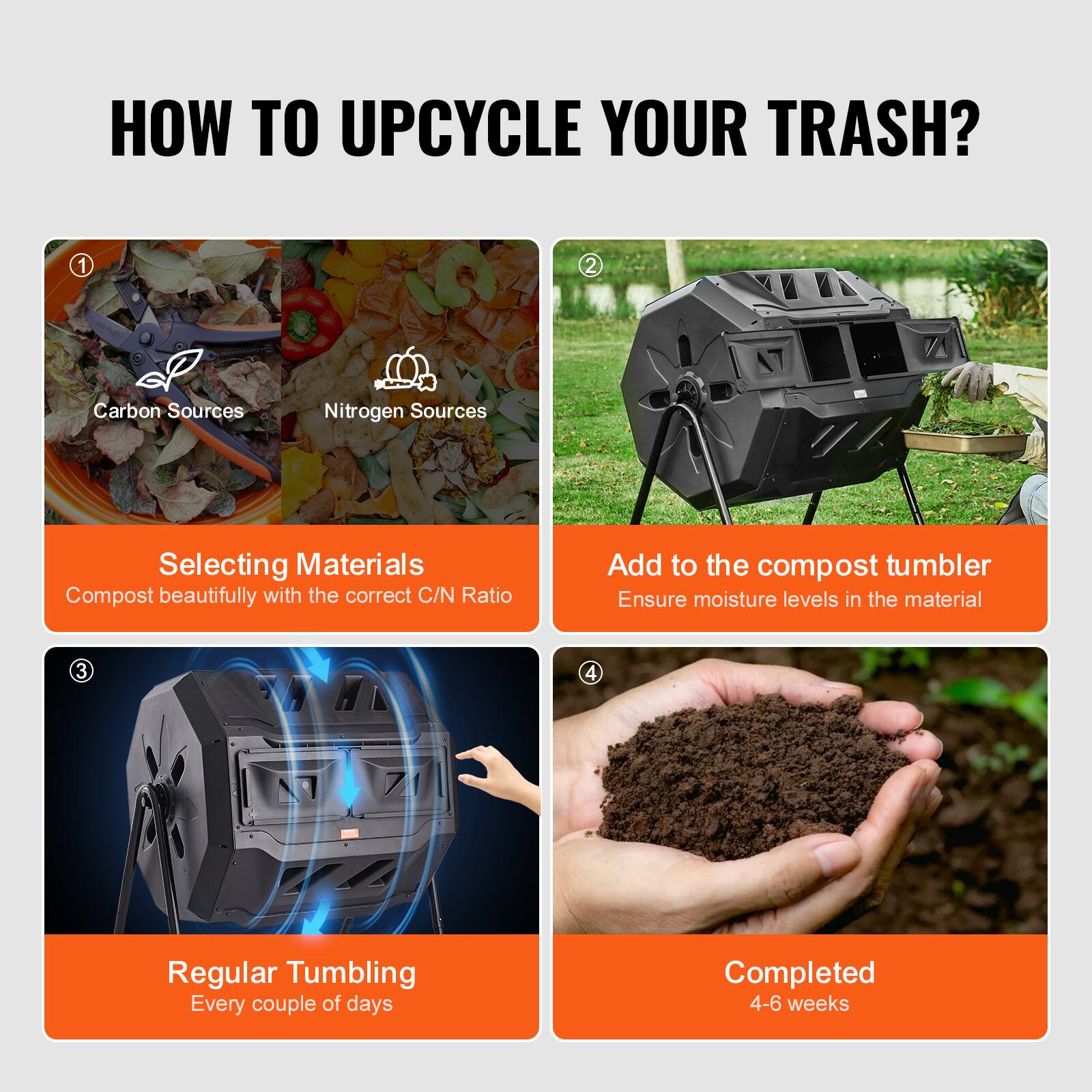 HOW TO UPCYCLE YOUR TRASH?

1. Selecting Materials
2. Carbon Sources
3. Nitrogen Sources
4. Compost beautifully with the correct C/N Ratio
5. Add to the compost tumbler
6. Ensure moisture levels in the material
7. Regular Tumbling
8. Every couple of days
9. Completed
10. 4-6 weeks