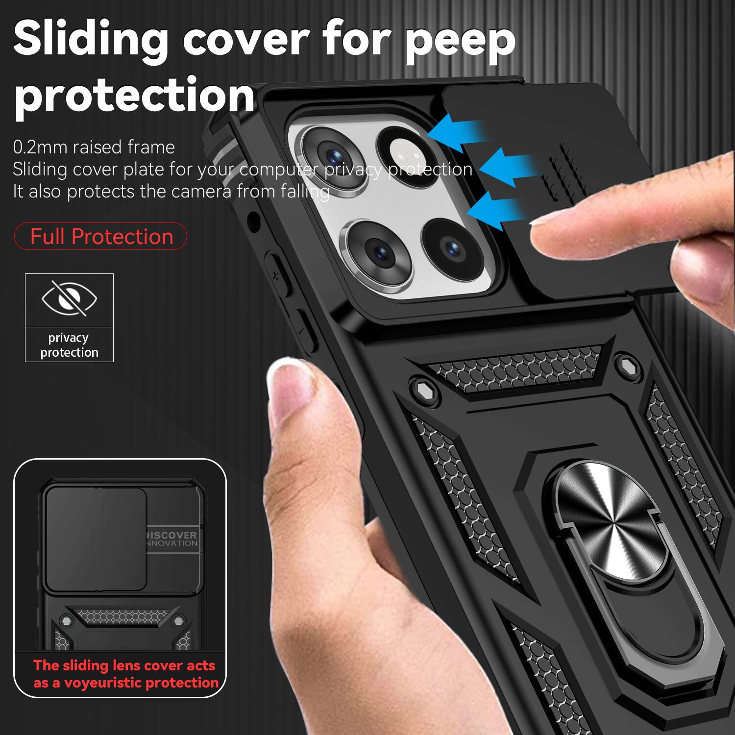 Sliding cover for peep protection  
0.2mm raised frame  
Sliding cover plate for your computer privacy protection  
It also protects the camera from falling  

Full Protection  

privacy protection  

The sliding lens cover acts as a voyeuristic protection