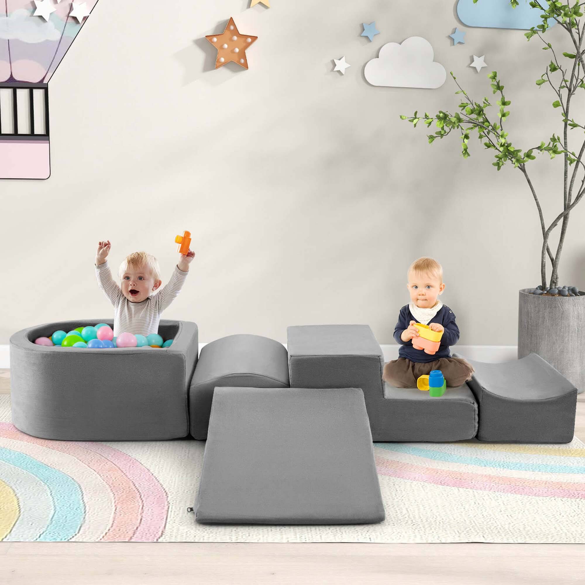 Alt View 1. Costway - Costway 5PCS Climb and Crawl Playset with Ball Pit for Kids Zippers for Playroom - Gray.