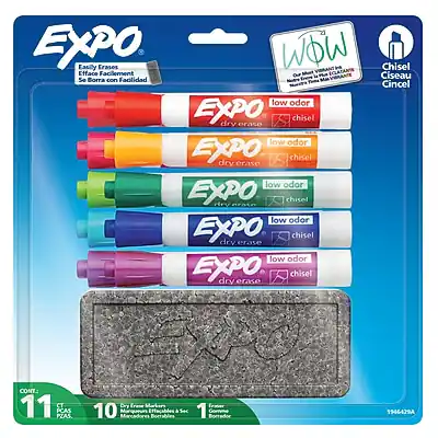 **EXPO Low Odor Dry Erase Chisel**
- Easily Erases
- Efface Facilement
- Se Borra con Facilidad
**Chisel**
- WOW Chisel
- Cincel
**Contents:**
- 11 CT
- 10 Dry Erase Markers
- 1 Chisel Eraser
**Item Number:**
- 19464294
**Packaging:**
- 11 PCAS PZAS.