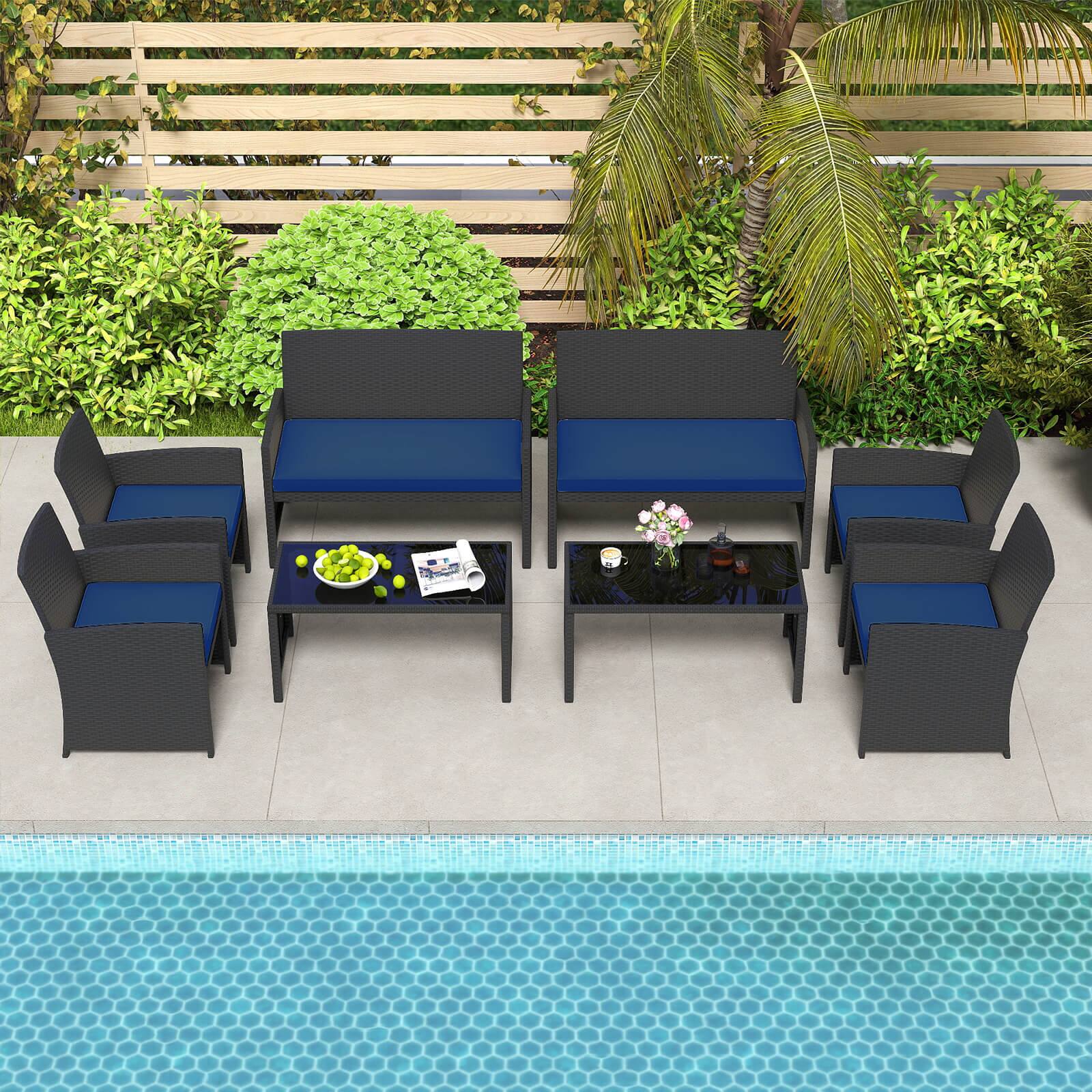 Alt View 5. Costway - Costway 8 PCS Patio Conversation Set with Seat Cushions & Tempered Glass Tabletop, Porch - Navy+Black.