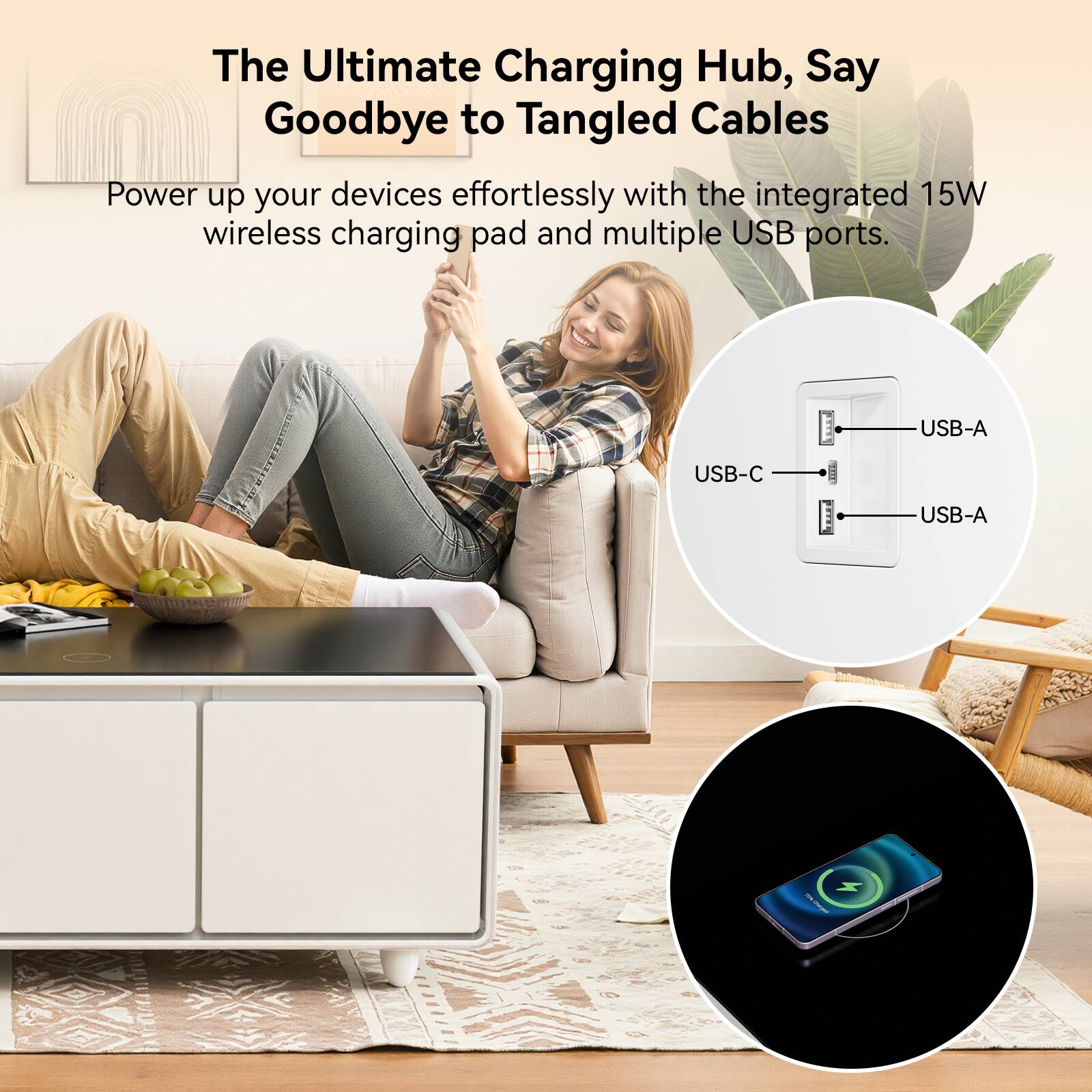The Ultimate Charging Hub, Say Goodbye to Tangled Cables

Power up your devices effortlessly with the integrated 15W wireless charging pad and multiple USB ports.

USB-A USB-C USB-A