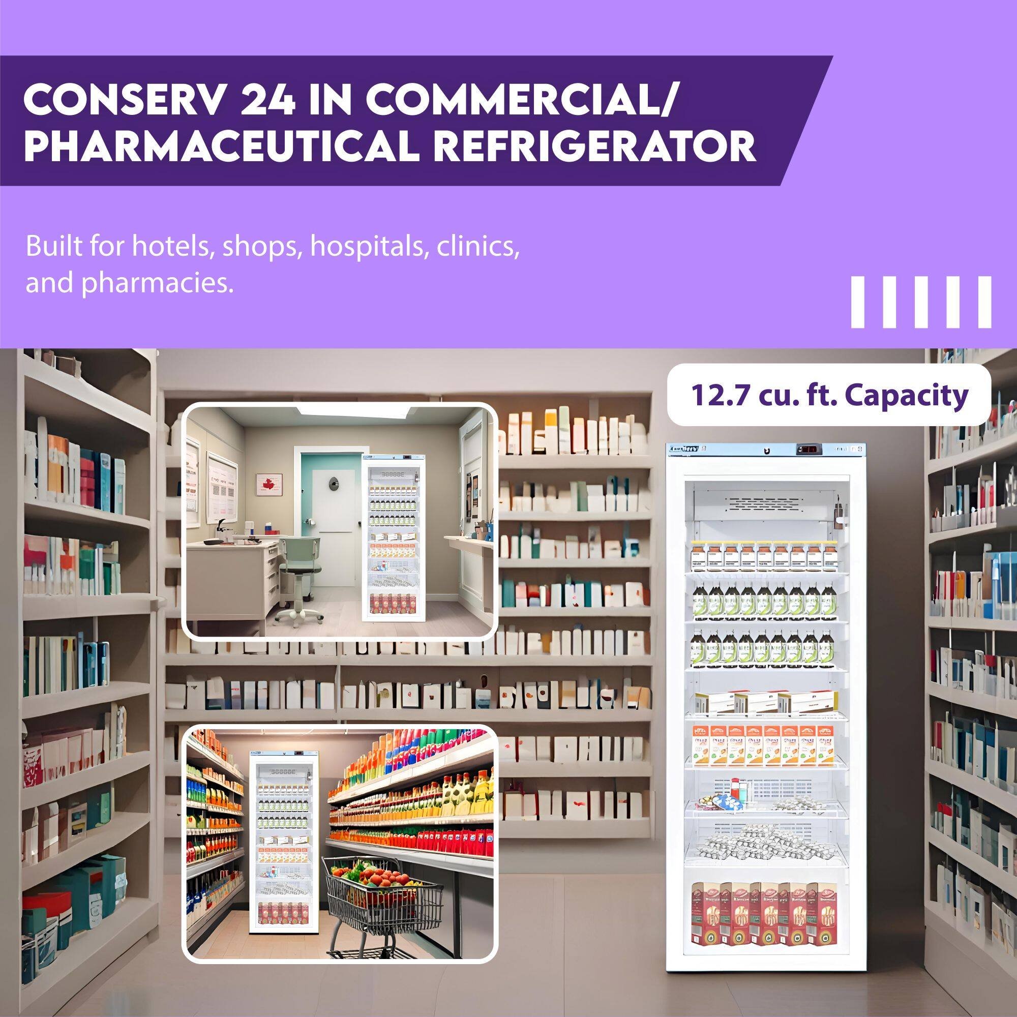 CONSERV 24 IN COMMERCIAL/ PHARMACEUTICAL REFRIGERATOR

Built for hotels, shops, hospitals, clinics, and pharmacies.

12.7 cu. ft. Capacity