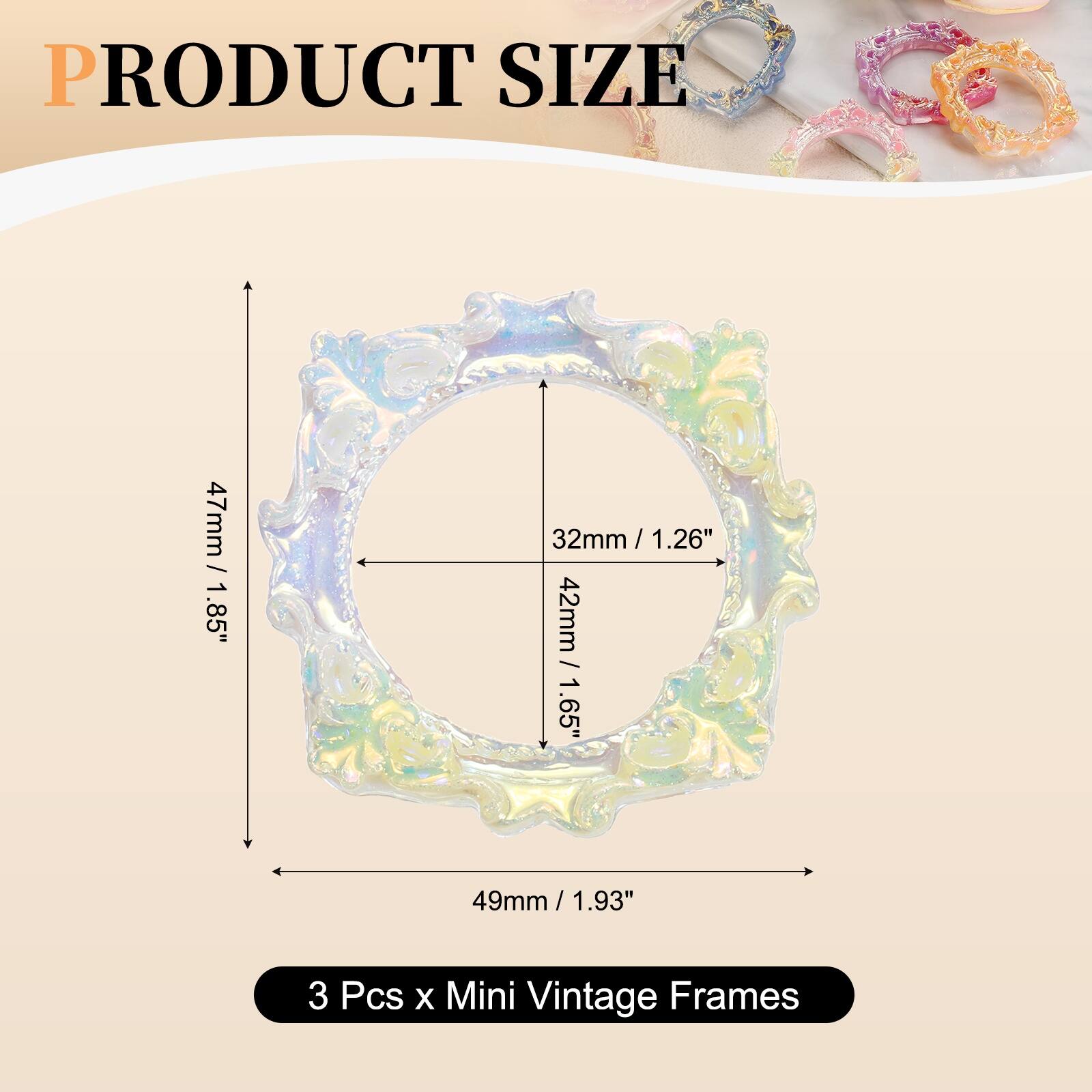 PRODUCT SIZE

47mm / 1.85"  
32mm / 1.26"  
42mm / 1.65"  
49mm / 1.93"  

3 Pcs x Mini Vintage Frames