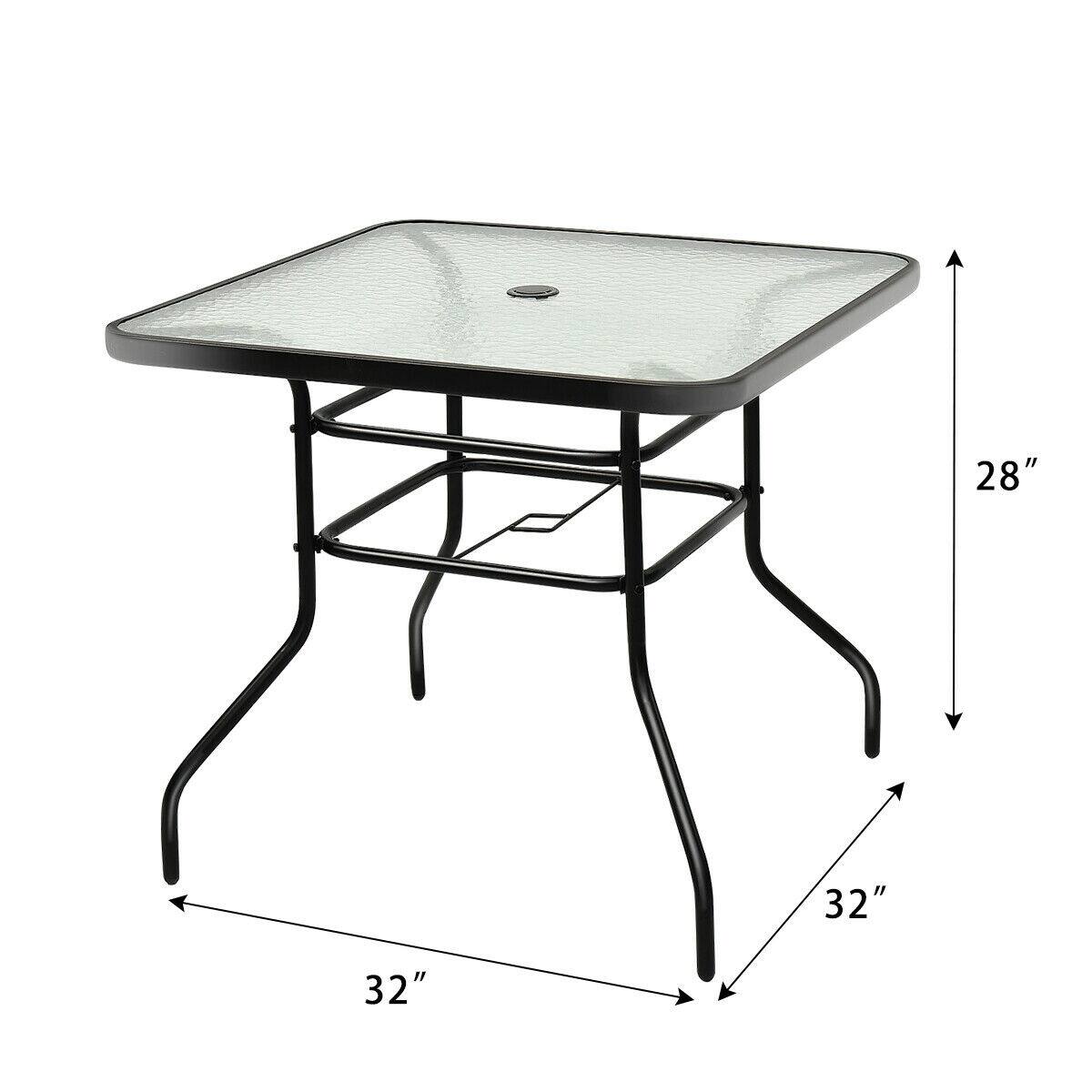 The dimensions of the table are 28" in height and 32" in width.