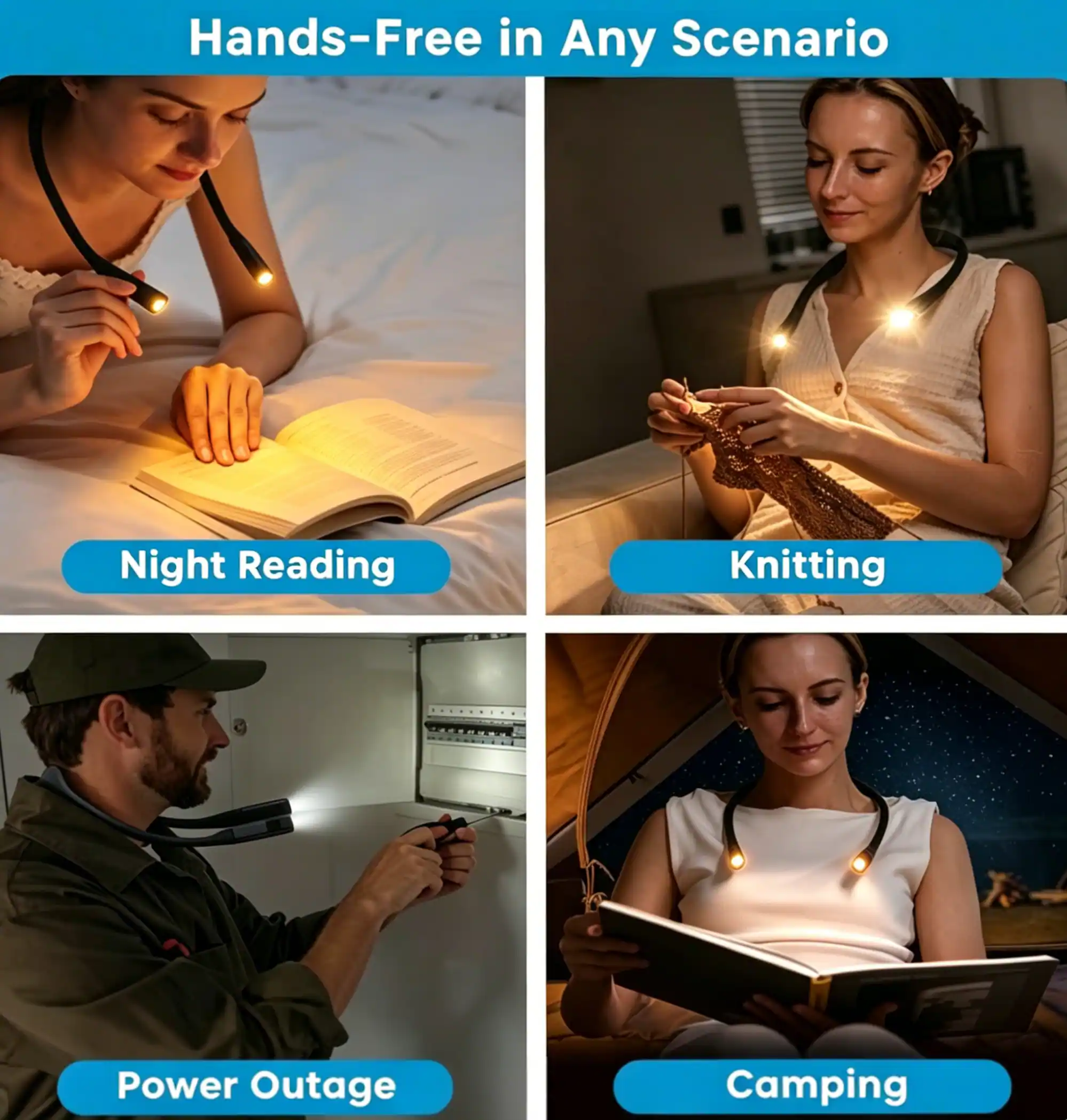 Hands-Free in Any Scenario

- Night Reading
- Knitting
- Power Outage
- Camping