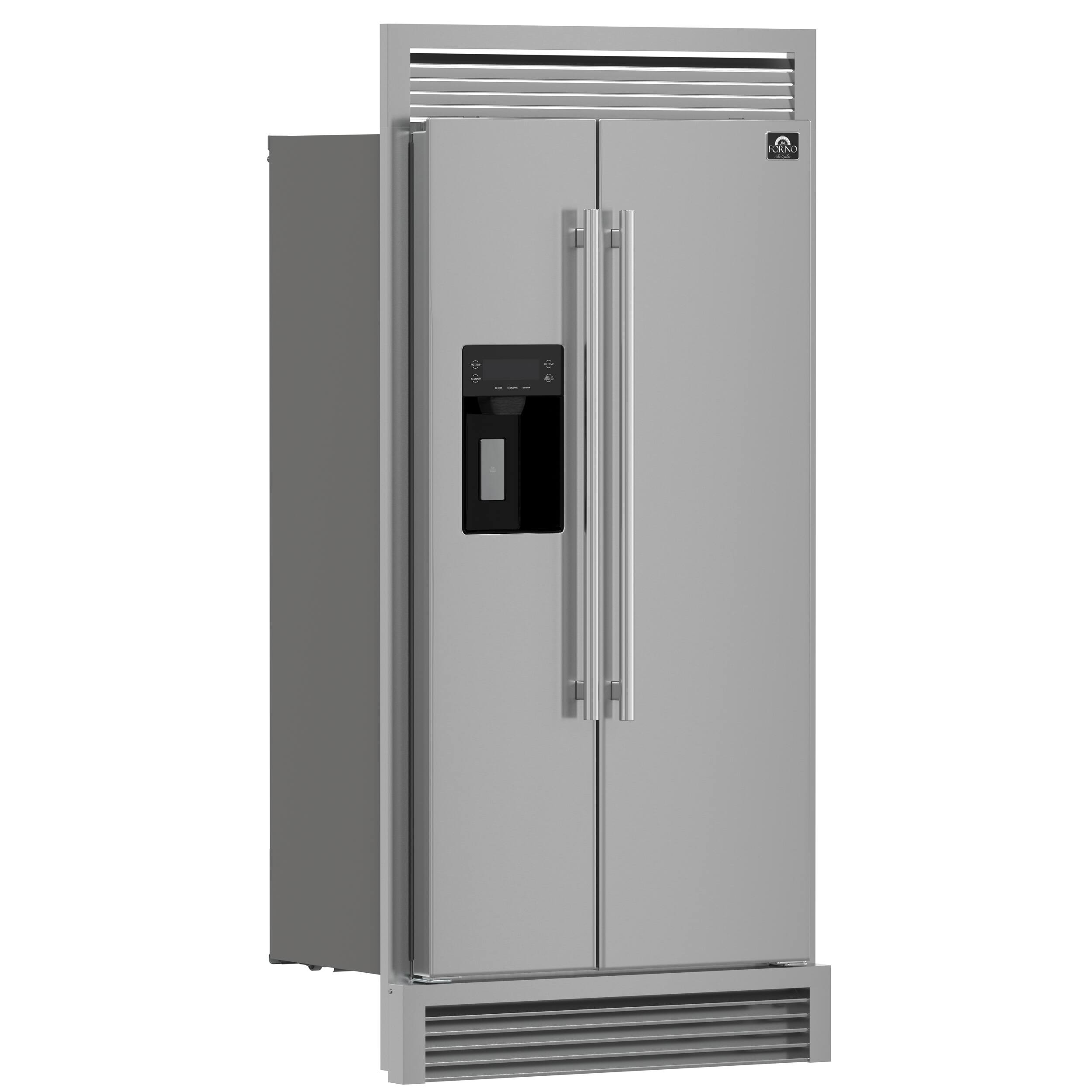 Left. Forno Appliances - 36 in. Wide Salerno 20 Cu. Ft. Side-by-Side Refrigerator with Extendable Decorative Trim Grill - Stainless Steel.