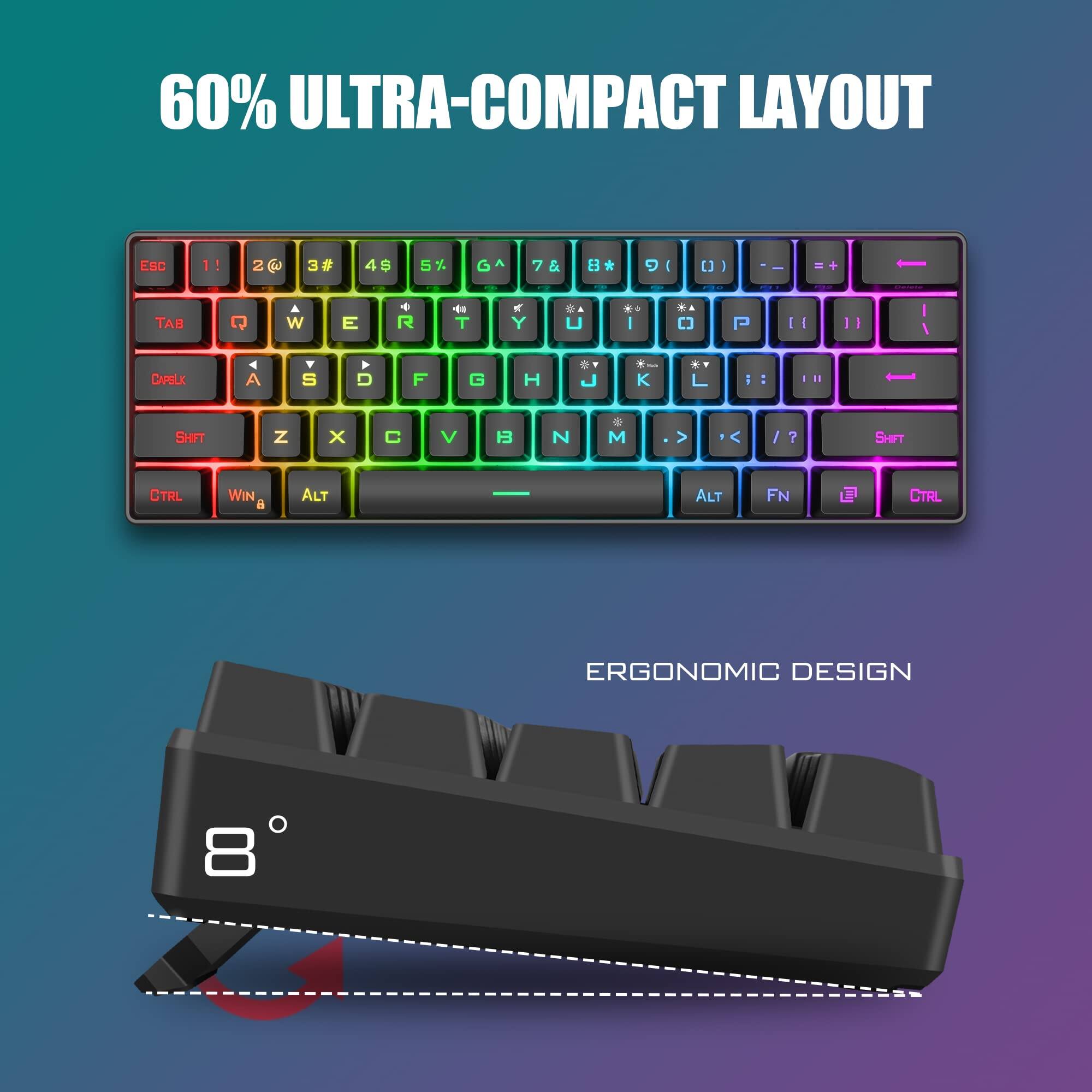 60% ULTRA-COMPACT LAYOUT

ESC 1! 2@ 3# 4$ 5% 6^ 7& 8* 9( 0) - = + \ | SHIFT

TAB Q W E R T Y U I O P [ ] \

CAPSLOCK A S D F G H J K L ; '

SHIFT Z X C V B N M , . / SHIFT

CTRL WIN ALT FN ALT CTRL

ERGONOMIC DESIGN

8°