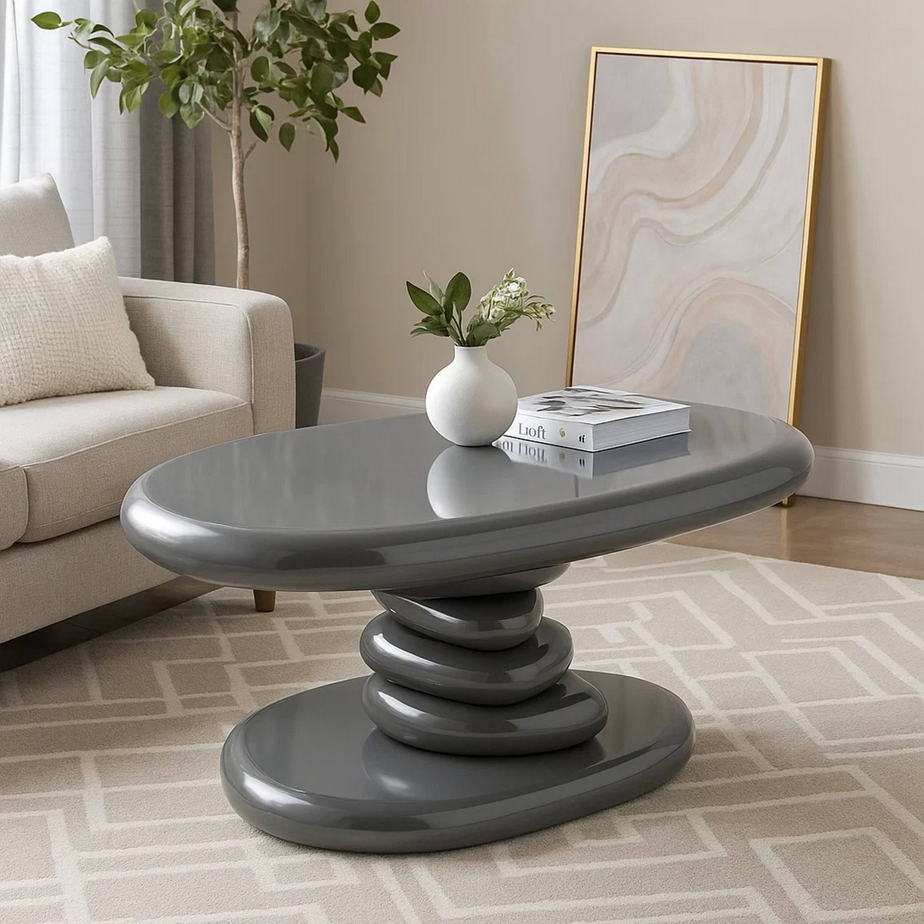 Alt View 6. Manhattan Lane - Fory End Table, 30 Inch Asymmetric Stacked Pebble Base, High Gloss Gray - Gray.