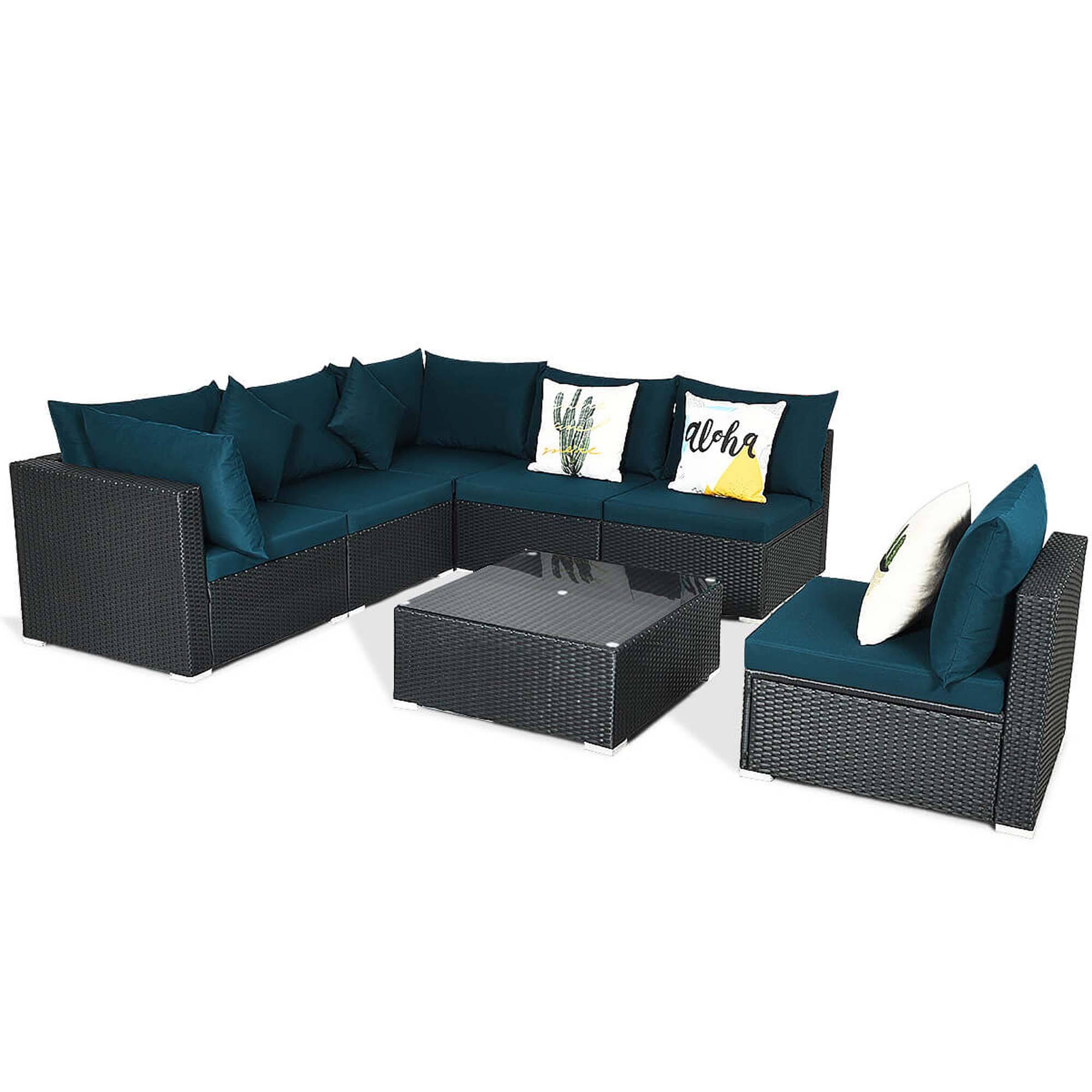 Alt View 3. Costway - 7PCS Patio Rattan Sofa Set Sectional Conversation Furniture Set Garden Outdoor - Peacock Blue.