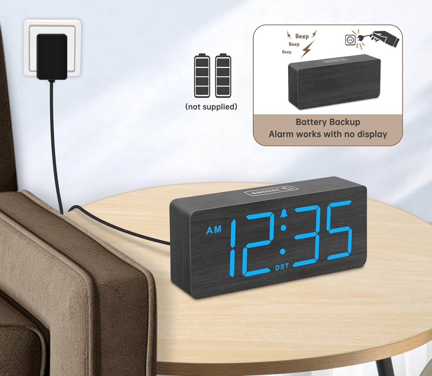 Beep Beep eep (not supplied)  
Battery Backup Alarm works with no display  
F 5R0GZE  
AM 12:35 DST