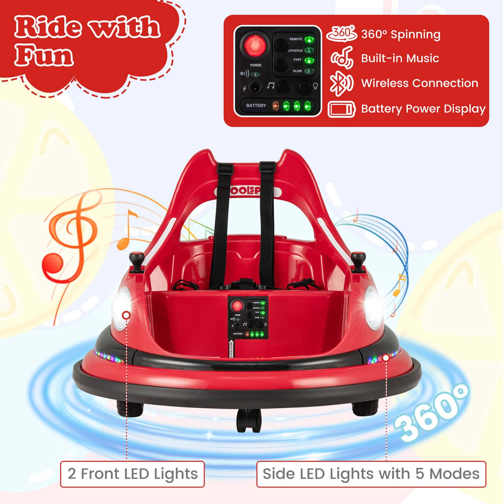 Ride with Fun

- 360° Spinning
- Built-in Music
- Wireless Connection
- Battery Power Display
- 2 Front LED Lights
- Side LED Lights with 5 Modes