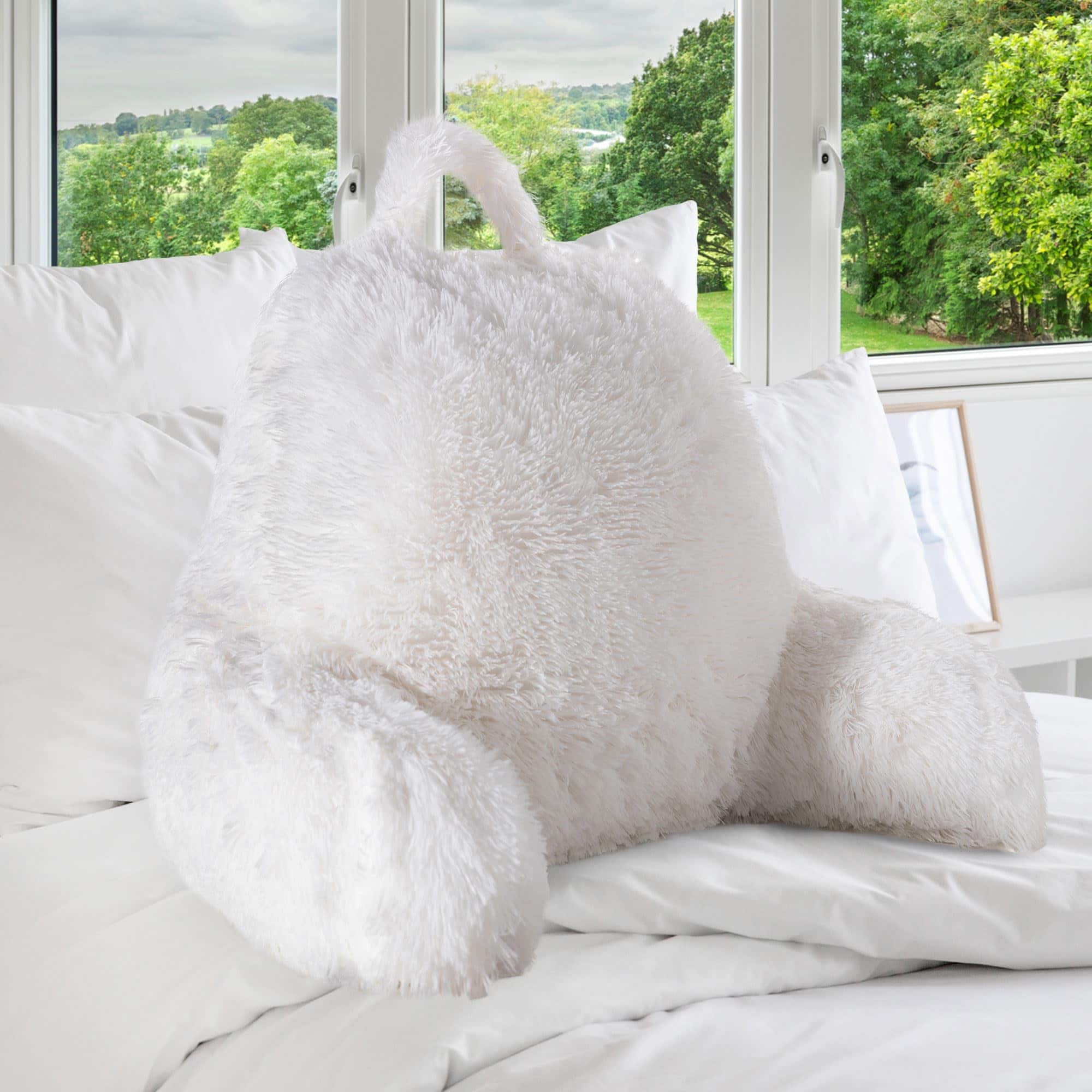 Cheer Collection - Fluffy Reading Pillow - Long Shaggy Hair TV and Gaming Pillow with Armrest - White