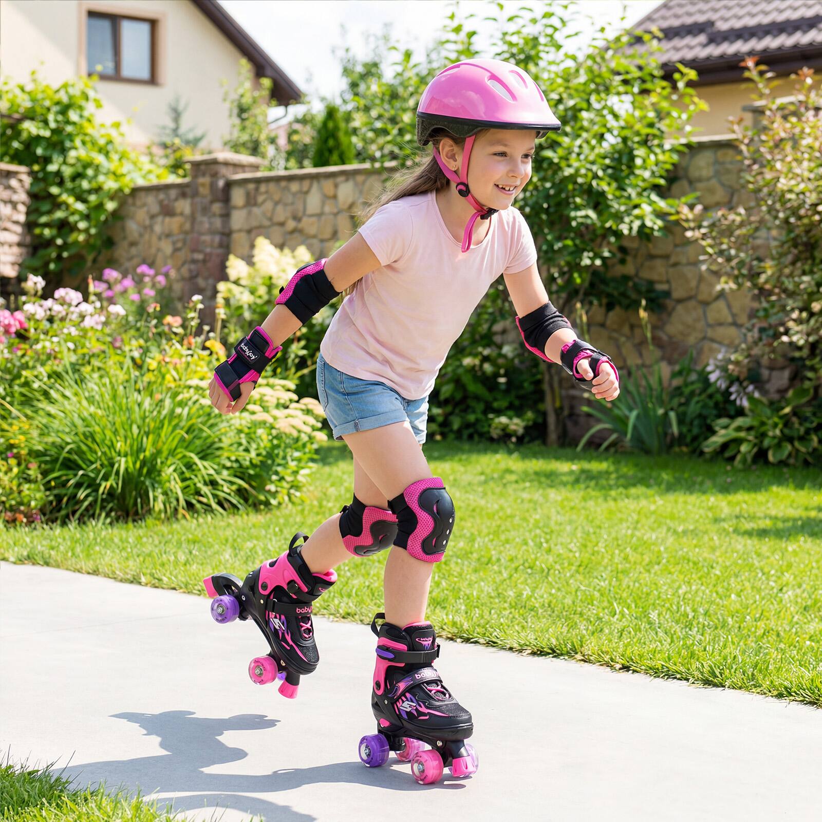Alt View 1. Gymax - Gymax Kids Roller Skates 4 Sizes Adjustable Quad Skates w/Light-up Wheels for Ages 7-9 Pink - Pink.