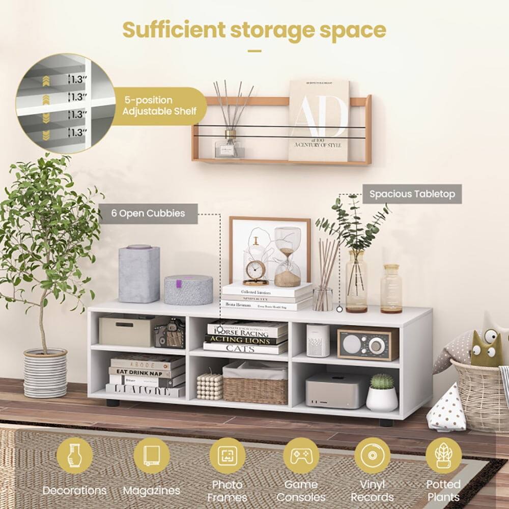 Sufficient storage space

1.3" 1.3" 1.3" 11.3" 5-position Adjustable Shelf

6 Open Cubbies

Spacious Tabletop

Decorations Magazines Photo Frames Game Consoles Vinyl Records Potted Plants