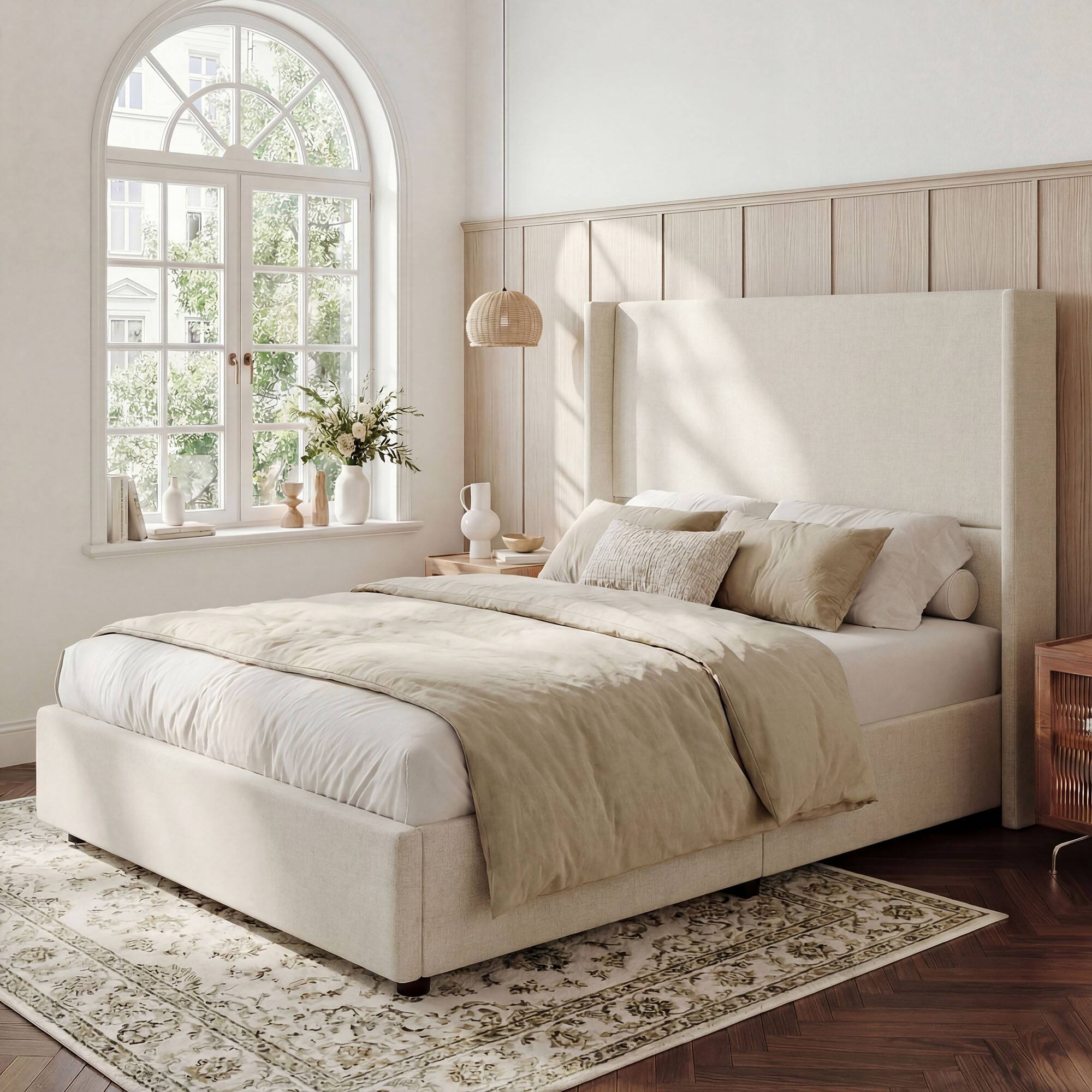 Back. Dyonery - Queen-Size Padded Platform Bed Frame with Hydraulic Storage / Modern Winged Headboard / No Mattress Required. - Beige.
