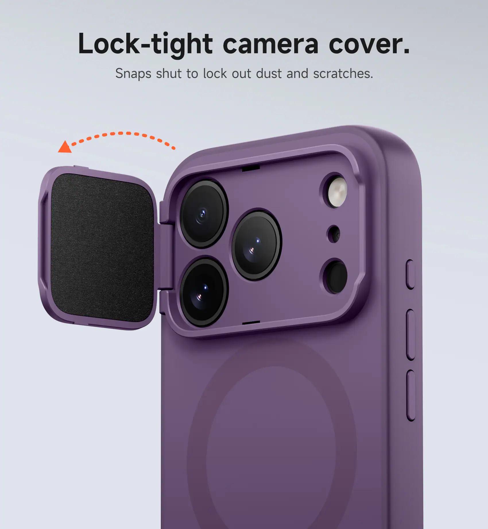 Lock-tight camera cover. Snaps shut to lock out dust and scratches.
