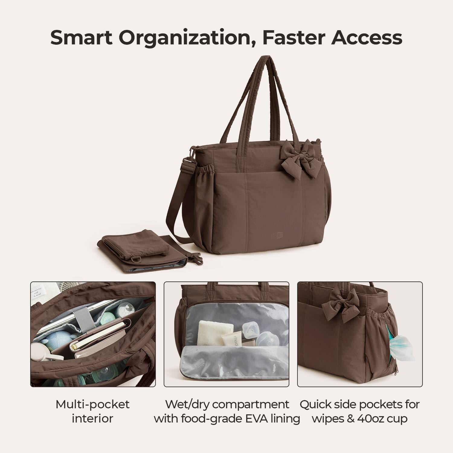 Smart Organization, Faster Access

Multi-pocket interior

Wet/dry compartment with food-grade EVA lining

Quick side pockets for wipes & 40oz cup