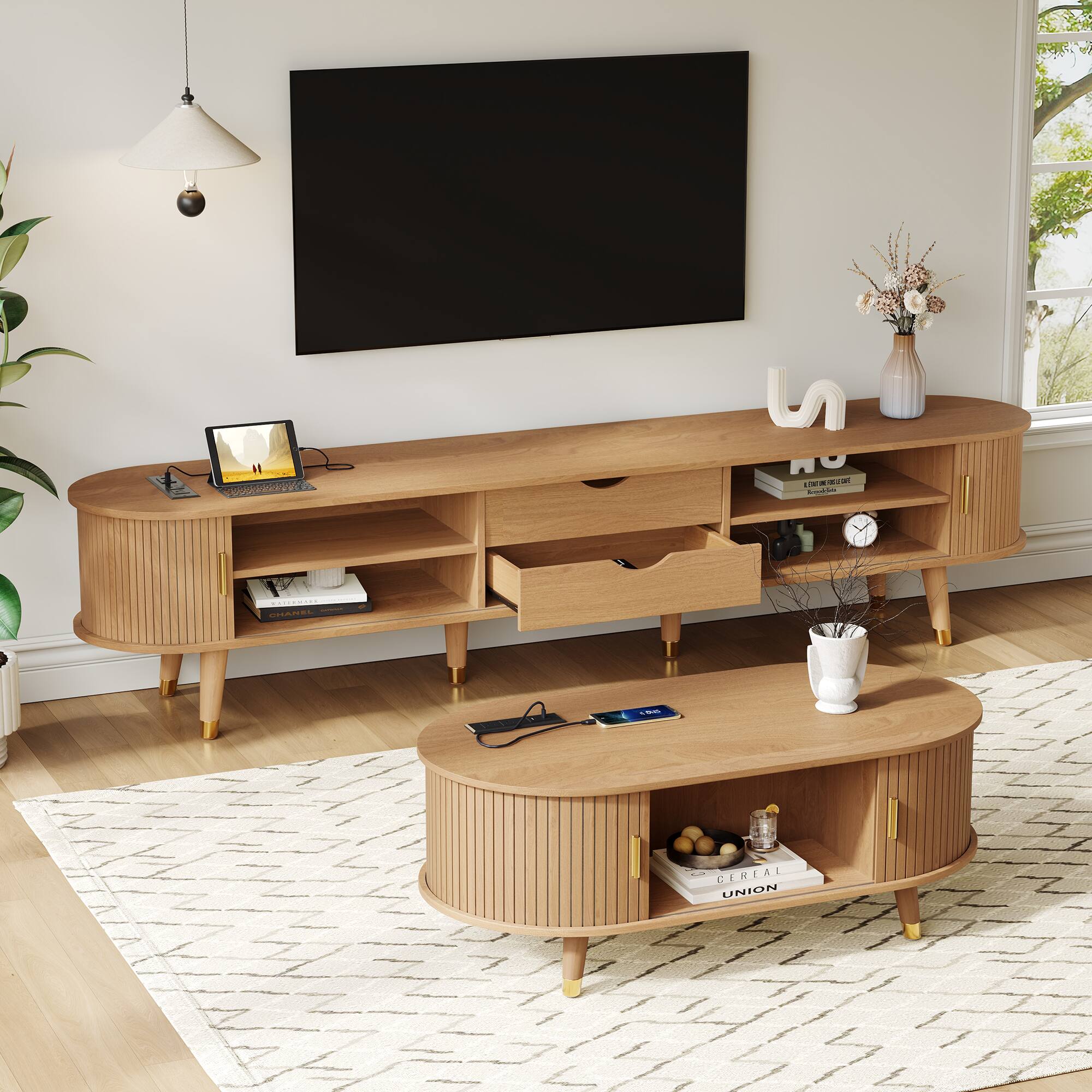 Front. TinyHomie - Wooden TV Stand and Coffee Table Set with Charging Station Oval Fluted Media Console with Sliding Doors for TVs upto80in - Natural.