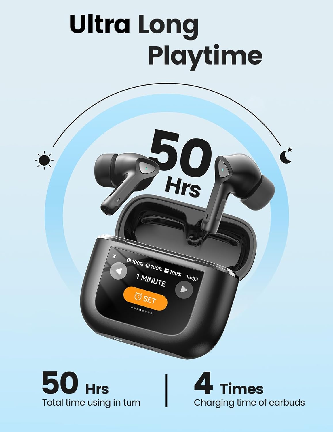Ultra Long Playtime  
50 Hrs  
50 Hrs Total time using in turn  
4 Times Charging time of earbuds