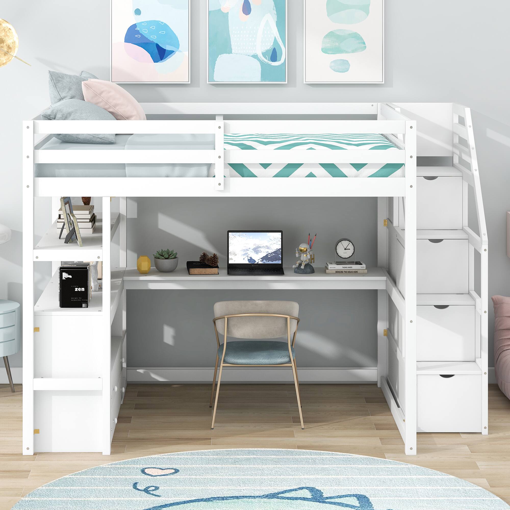 Angle. Tiramisubest - Full Size Loft Bed with Desk, Shelves, Drawers & Storage Staircase, White Pine Wood - White.