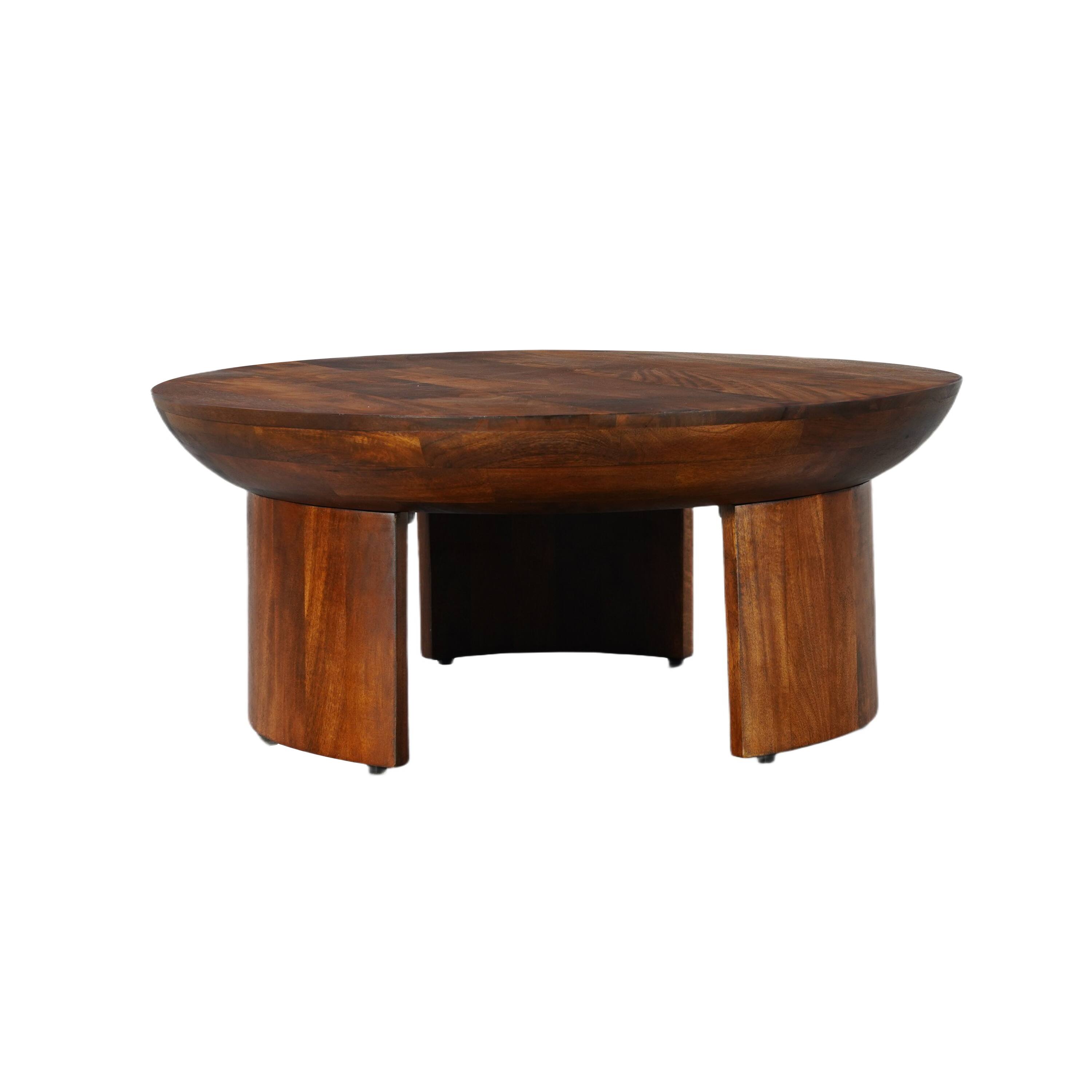 Left. Manhattan Lane - 35 Inch Coffee Table, Handcrafted Round Mango Wood Top, Modern Curved Tripod Legs - Brown.
