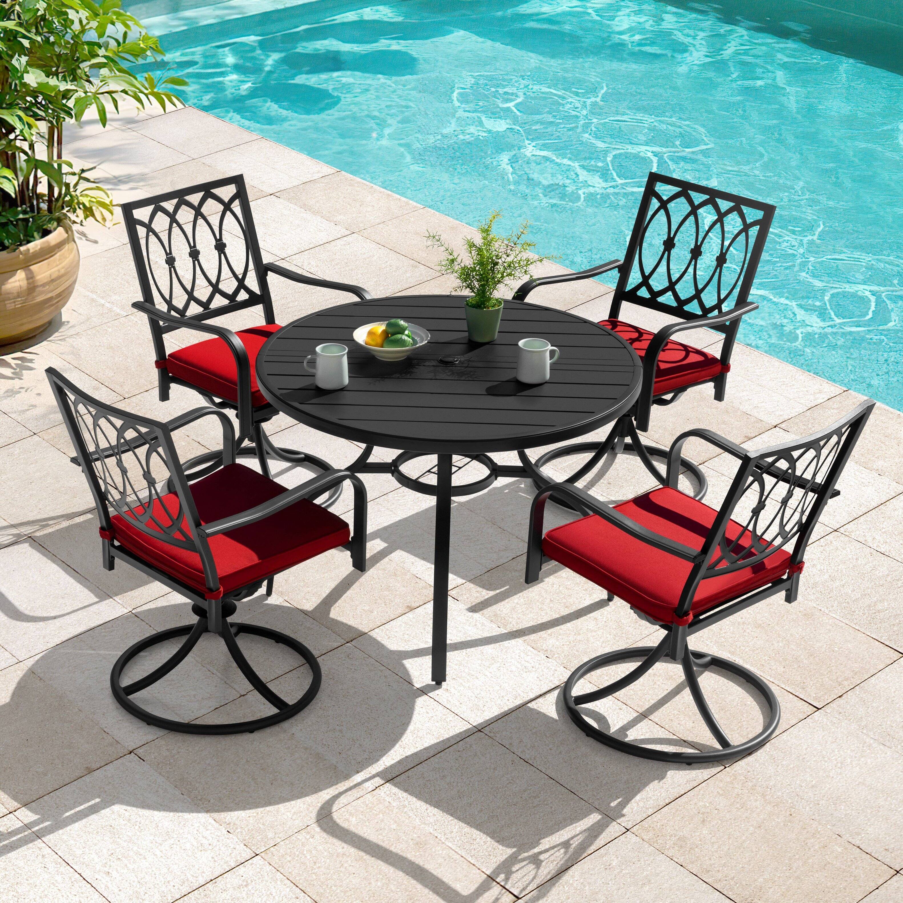 Left. Nuu Garden - 5-Piece Metal Outdoor Dining Set with Umbrella Hole and 4 Swivel Chairs - Black and Red.