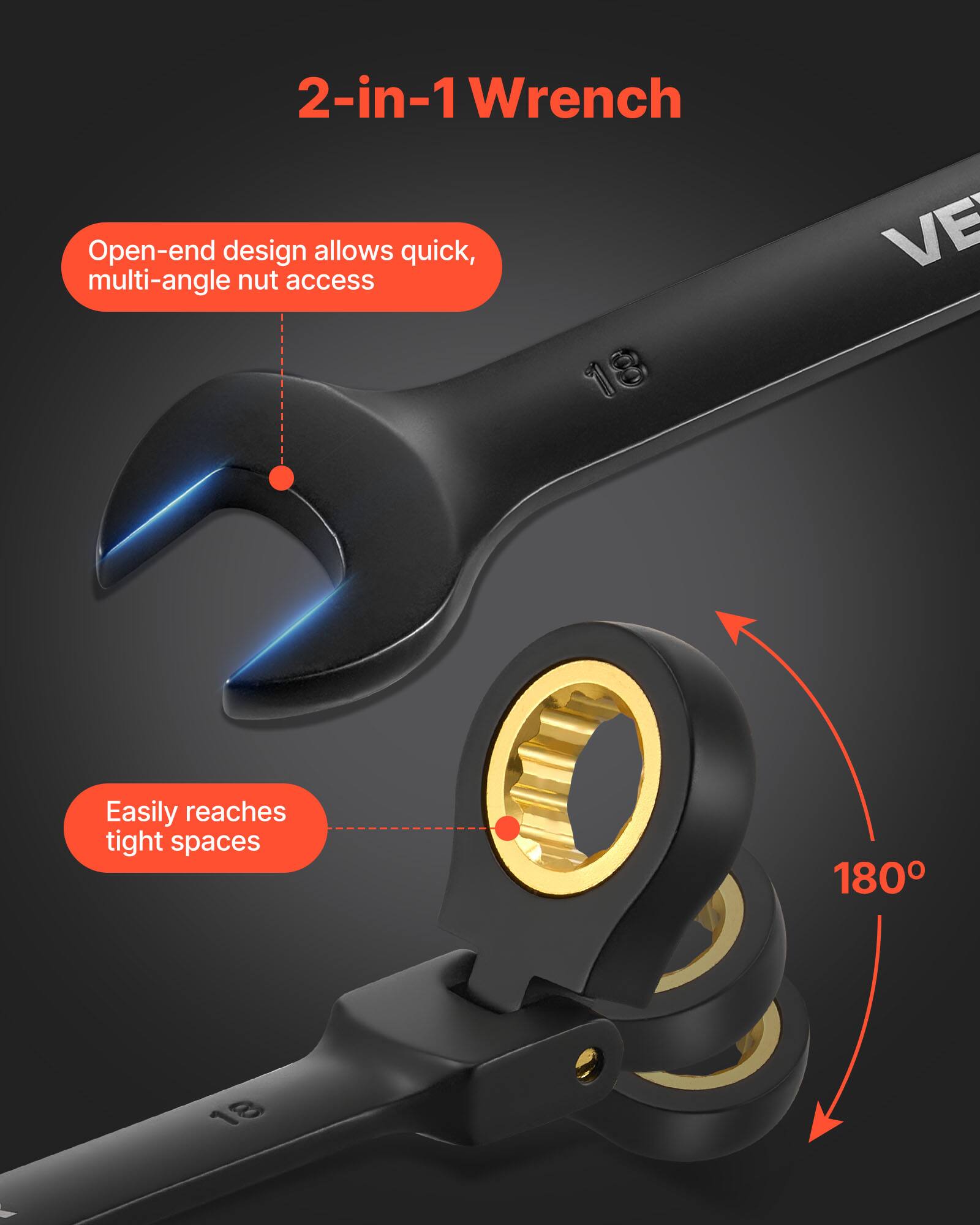 2-in-1 Wrench

Open-end design allows quick, multi-angle nut access

Easily reaches tight spaces

180°