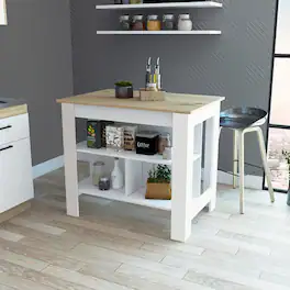 Loheer - and Light Oak Kitchen Island with Storage Shelves - White