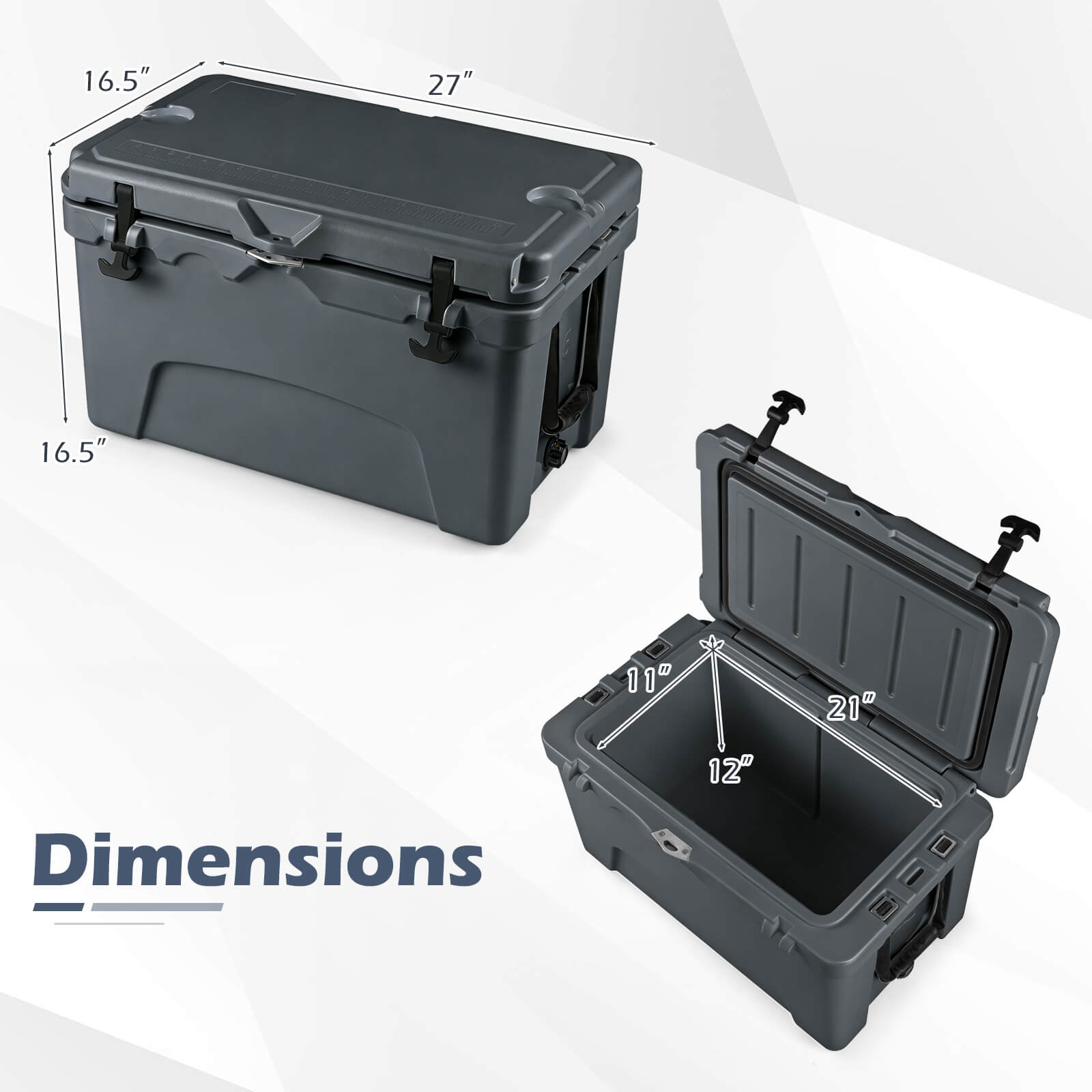 16.5" x 27" x 16.5"  
11" x 21" x 12"  
Dimensions