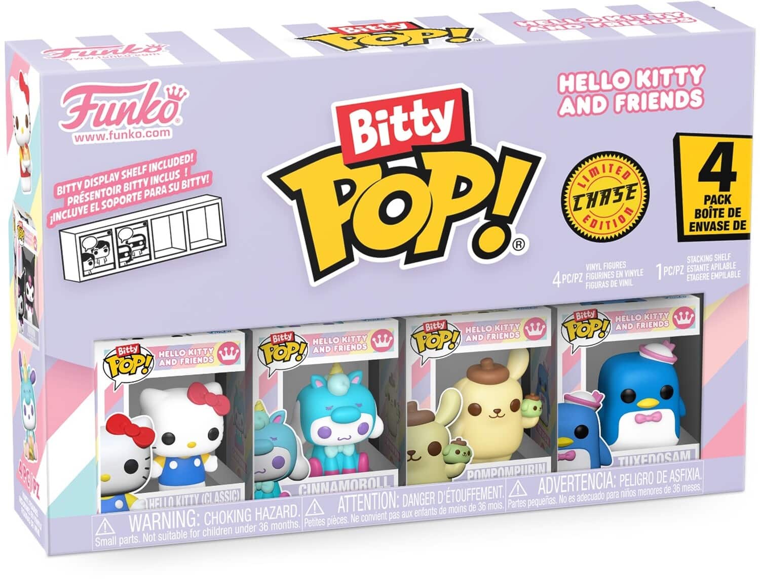 Sure, here is the corrected and grouped text from the image:

---

**Funko**  
www.funko.com

**Bitty POP!**  
HELLO KITTY AND FRIENDS

**BITTY DISPLAY SHELF INCLUDED!**  
INCLUIE EL SOPORTE PARA SU BITTY!

**4 PACK**  
4 PC/PZ  
VINYL FIGURES  
FIGURINES EN VINYLE  
FIGURES DE VINIL  
1 PC/PZ  
STACKING SHELF  
ESTANTE APILABLE  
ETAGERE EMPILABLE

**LIMITED CHASE EDITION**

**WARNING: CHOKING HAZARD.**  
Small parts. Not suitable for children under 36 months.  
ADVERTENCIA: PEORIGRO DE ASFIXIA.  
ATTENTION: DANGER D'ÉTOUFFEMENT.  
HAZARD.  
36 months. Petites pièces. Ne convient pas aux enfants de moins de 36 mois.

**HELLO KITTY (CLASSIC)**  
**CINNAMOROLL**  
**POMPOMPURIN**  
**TUXEDOSAM**

---

This text is organized to reflect the information on the packaging, including the