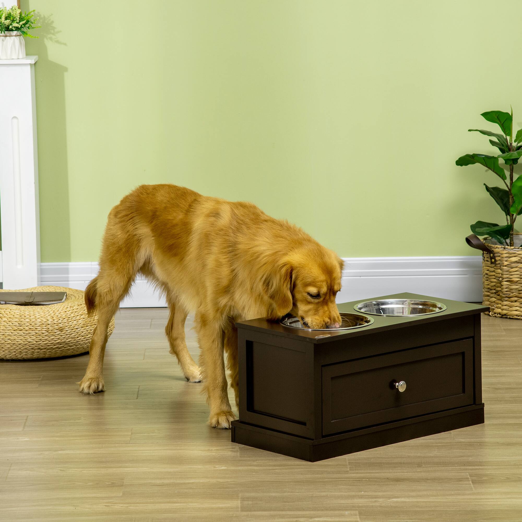 Angle. Pawhut - Elevated Dog Bowls with Storage Drawer Containing 11L Capacity, Raised Bowl Stand, Food Bowl, Feeding Station - Coffee Brown.