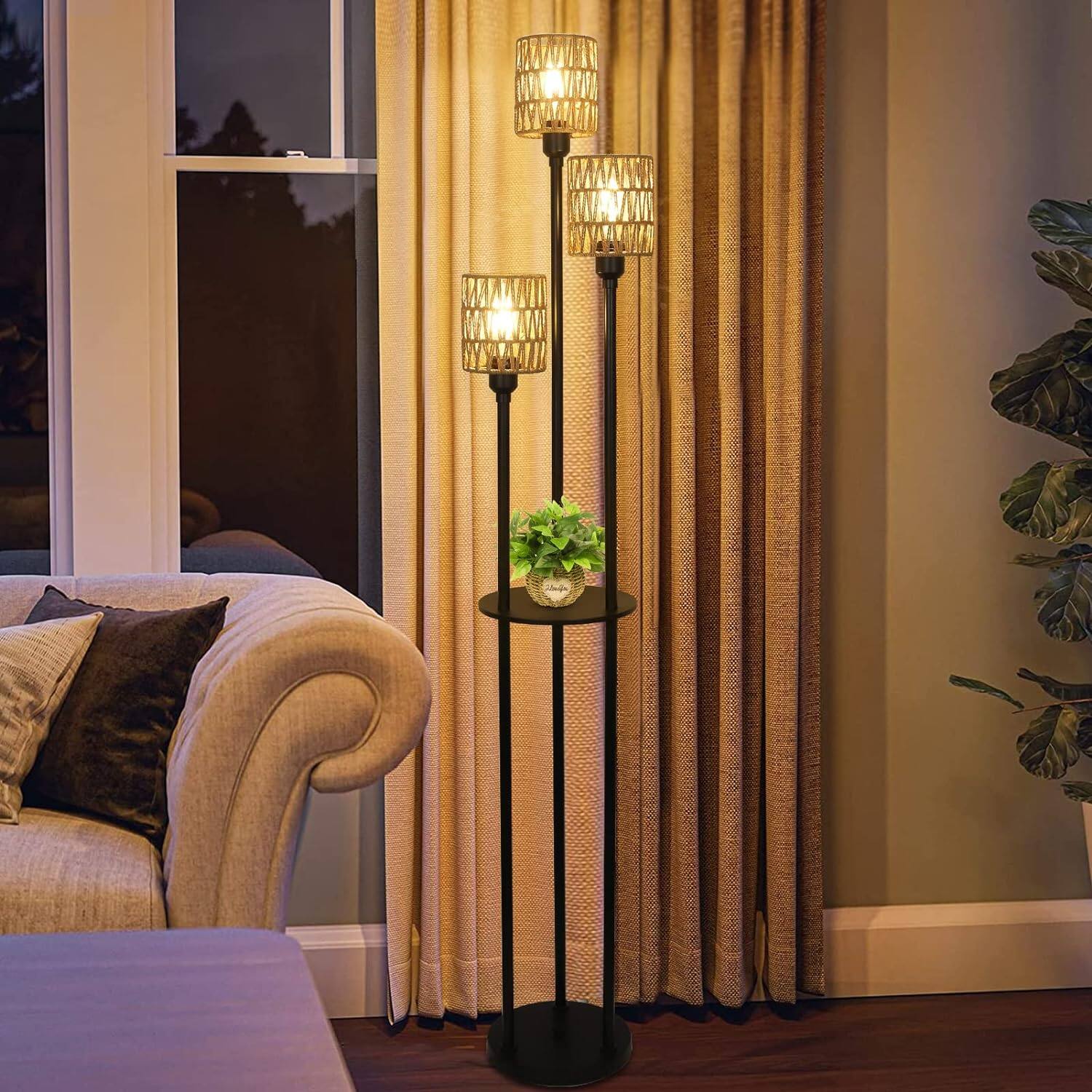 Alt View 2. Z-Edge - Boho Floor Lamp with Shelves, 3-Lights Farmhouse Tall Floor Lamp,Rustic Standing Lamp with Rattan Shades for Living Room - Black.