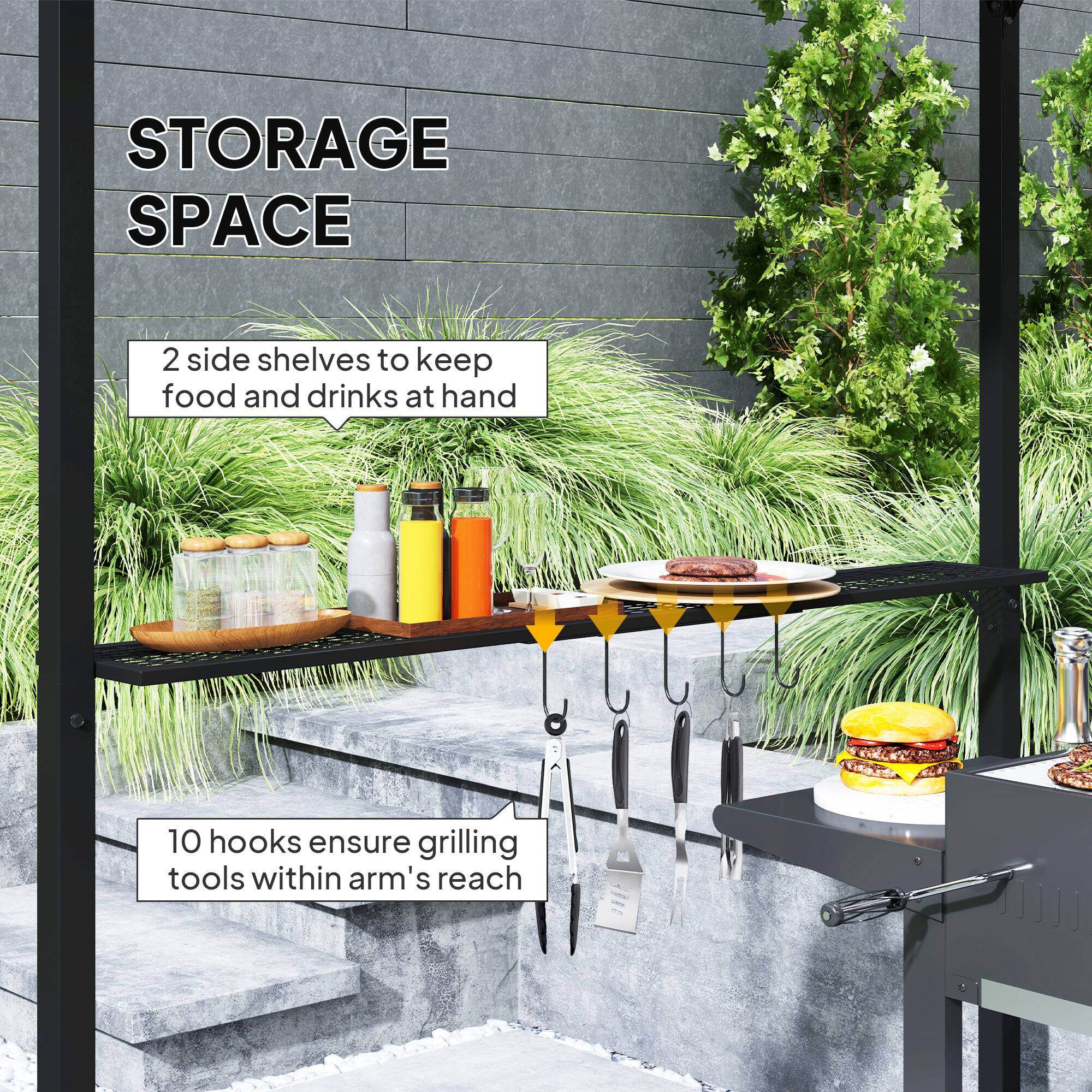 STORAGE SPACE

2 side shelves to keep food and drinks at hand

10 hooks ensure grilling tools within arm's reach