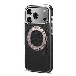 Dteck - for Apple iPhone 17 Pro Max Magnetic Case,Slim PU Leather Texture Cover with Metal Ring Holder,Shockproof Non-Slip Cover - Black