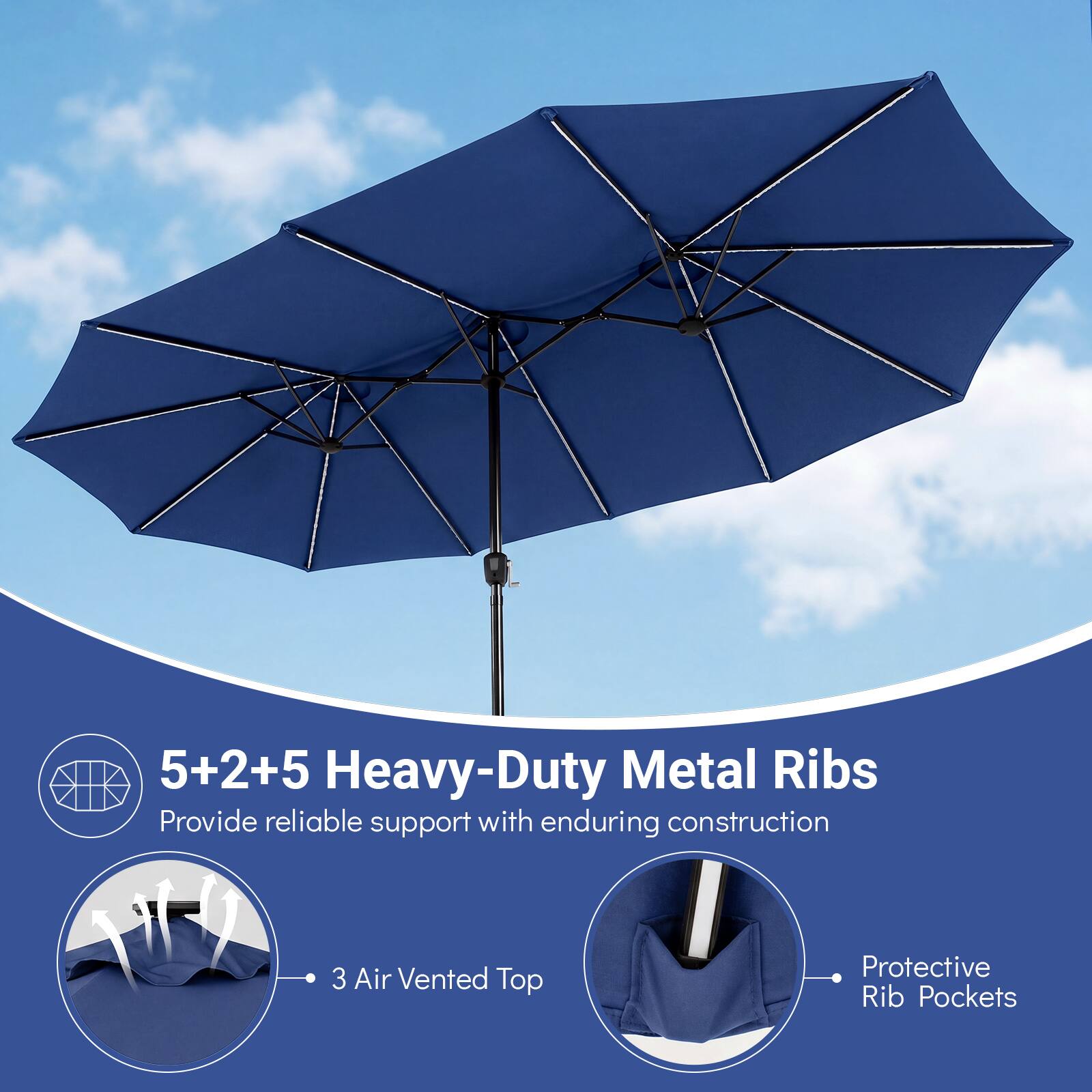 5+2+5 Heavy-Duty Metal Ribs Provide reliable support with enduring construction  
3 Air Vented Top  
Protective Rib Pockets