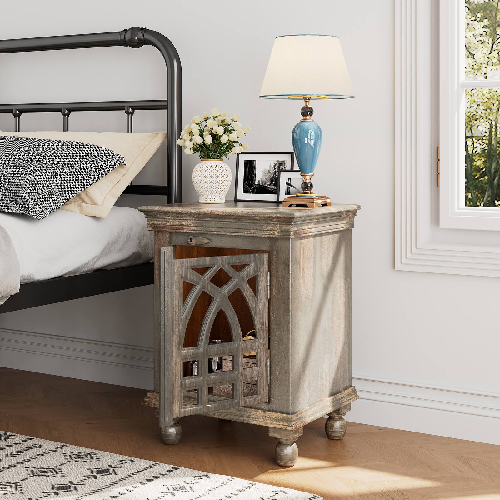 Alt View 1. Chateau Abodes - Narrow Side Table, Antique Grey Wood Nightstand with Storage for Small Spaces in Living Room & Bedroom - Antique Grey.