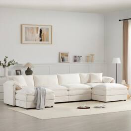 LUCKY ONE - 136" U-Shaped 6-Seat Chenille Cloud Sofa w/ Double Cushions Movable Ottoman - White