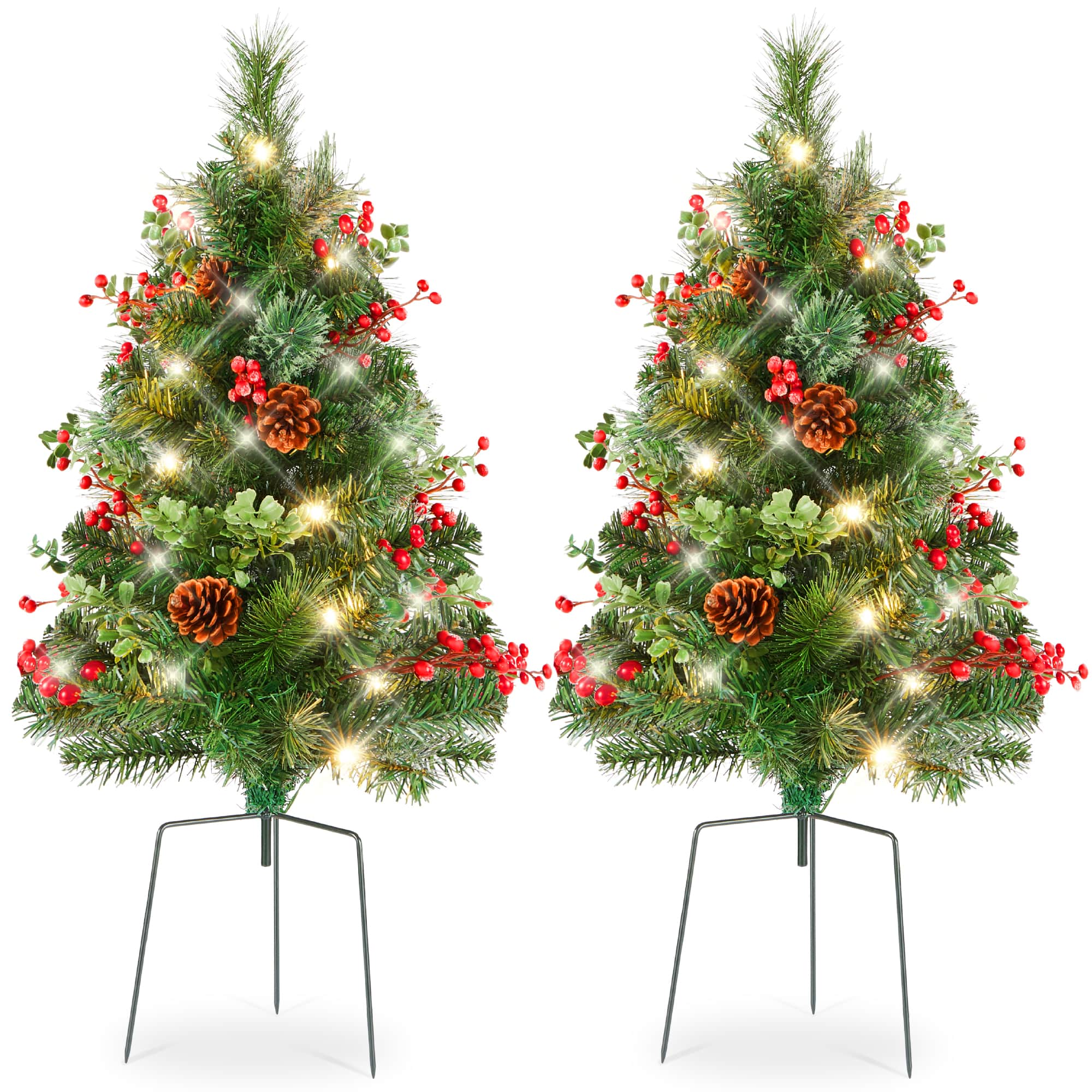 Best Choice Products - Set of 2 24.5in Outdoor Pathway Christmas Trees Decor w/ LED Lights, Berries, Pine Cones, Ornaments - Green w/Berries