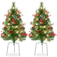 Front. Best Choice Products - Best Choice Products Set of 2 24.5in Outdoor Pathway Christmas Trees Decor w/ LED Lights, Berries, Pine Cones, Ornaments - Green - Berries & Pinecones.