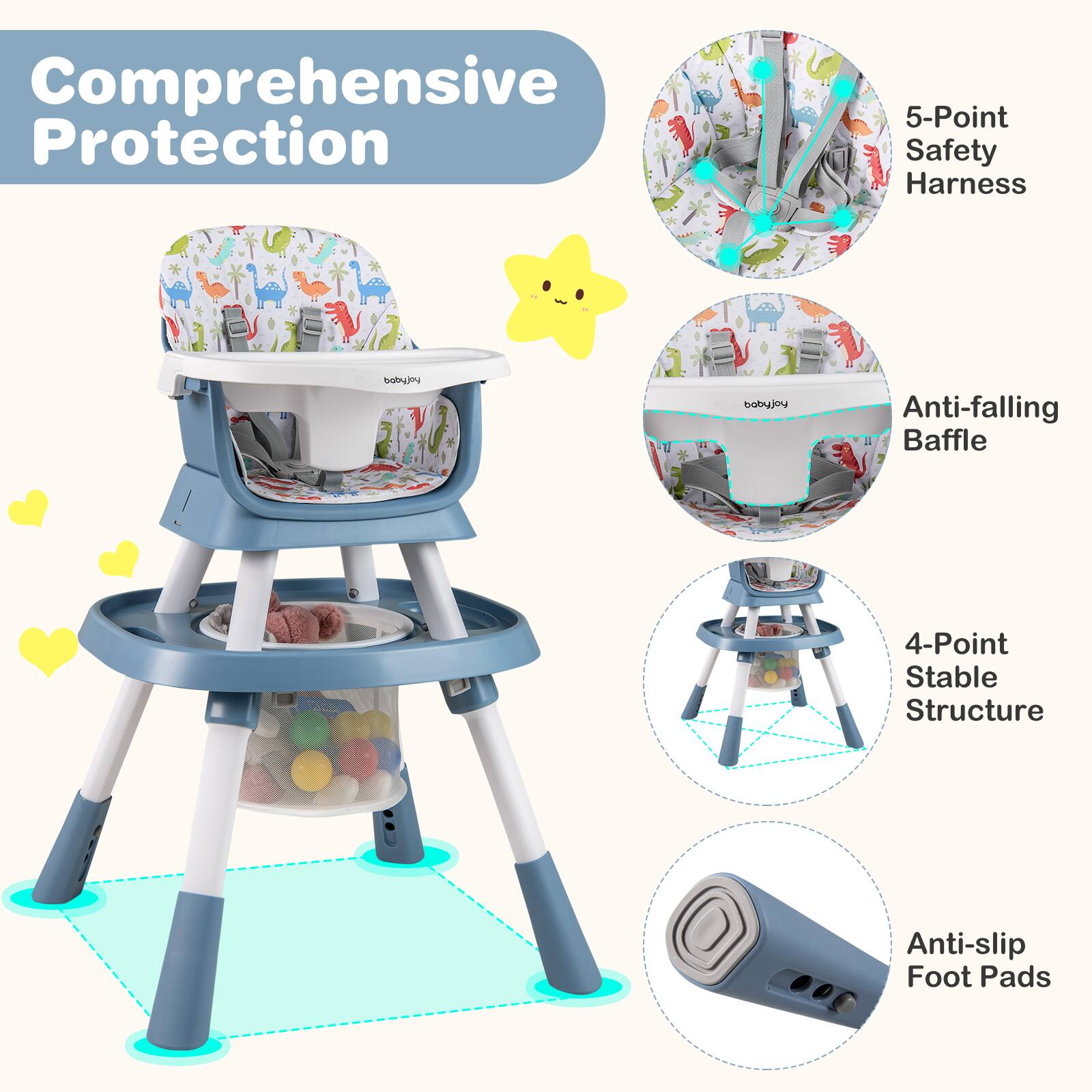 Comprehensive Protection

- 5-Point Safety Harness
- Anti-falling Baffle
- 4-Point Stable Structure
- Anti-slip Foot Pads