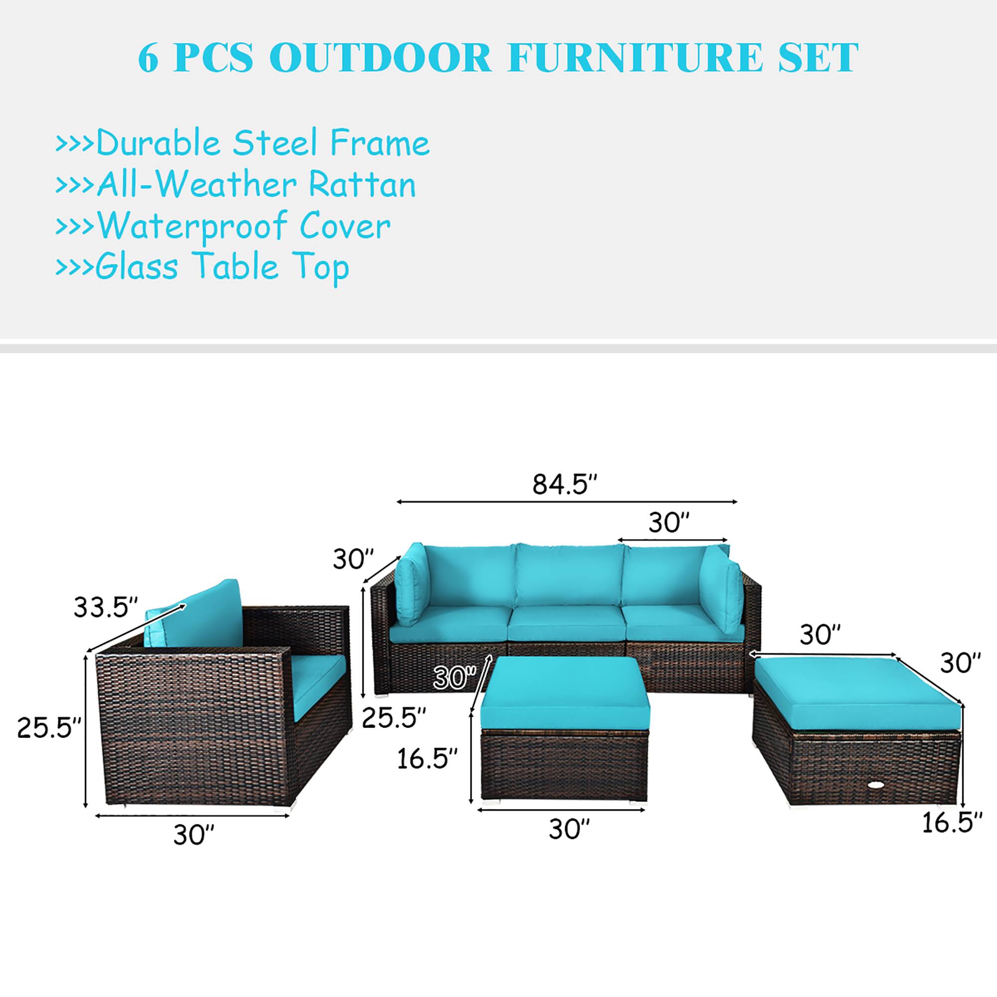 The text on the image is grouped and corrected as follows:

"6 PCS Outdoor Furniture Set: Durable Steel Frame, All-Weather Rattan, Waterproof Cover, Glass Table Top (30" x 84.5" x 30" x 33.5" x 25.5" x 30" x 25.5" x 16.5" x 30" x 30" x 30" x 30" x 16.5")"