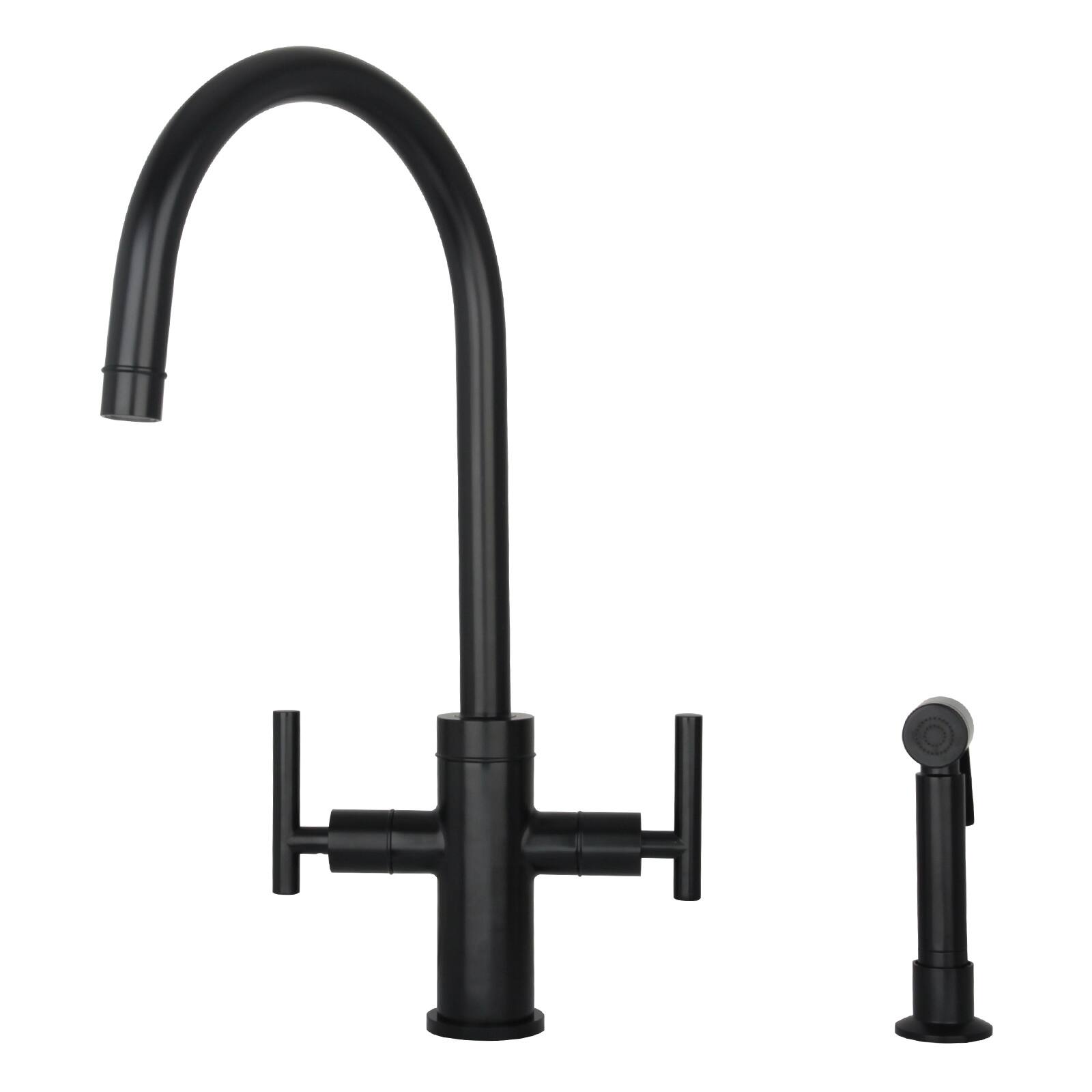 Front. Akicon - Akicon Two-Handles 360° Swivel Widespread Kitchen Faucet with Side Sprayer in Matte Black - Matte Black.
