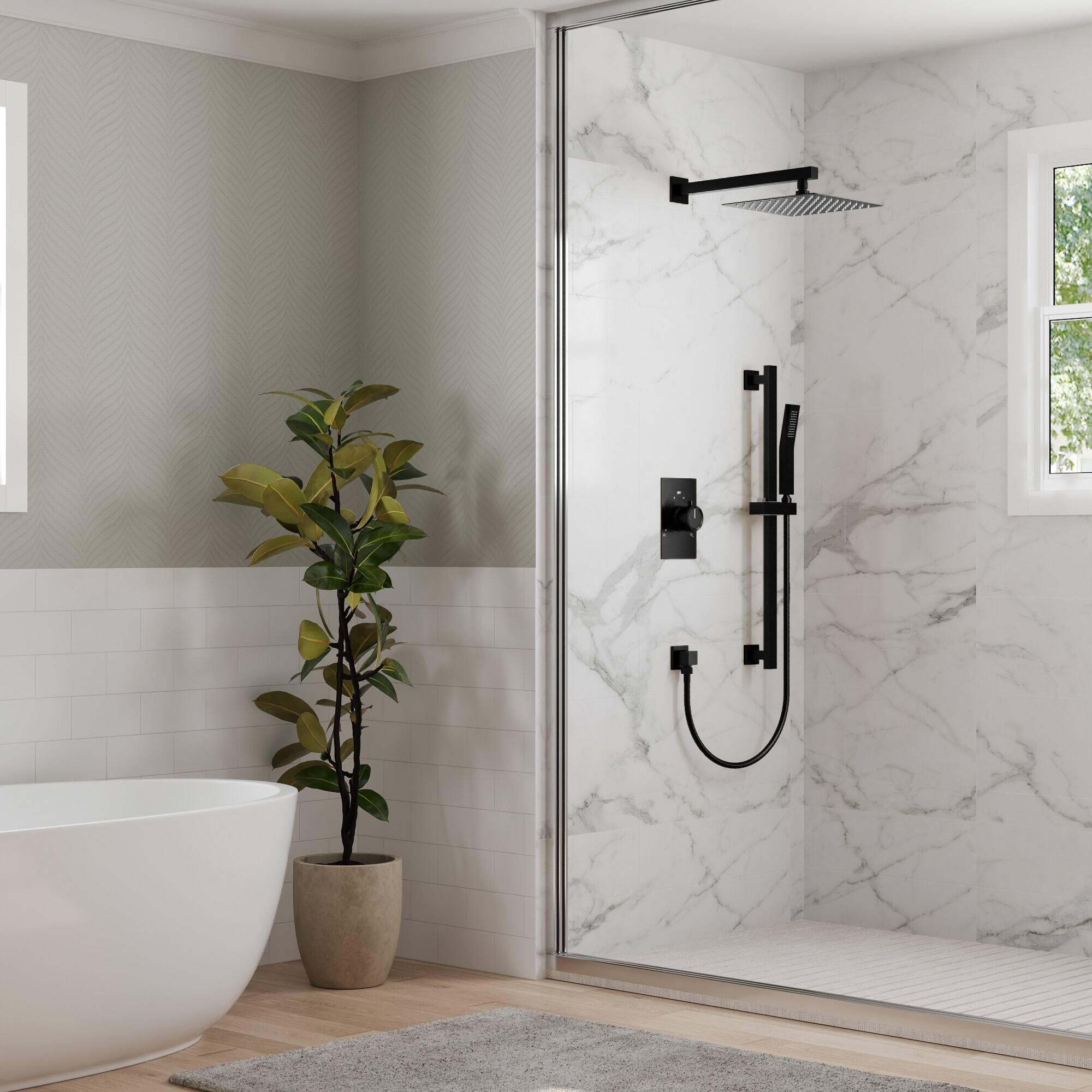 Left. GRANDJOY - 10" High Pressure Rain Shower System with Handheld Shower and 2-Function Mixer Valve - Matte Black.