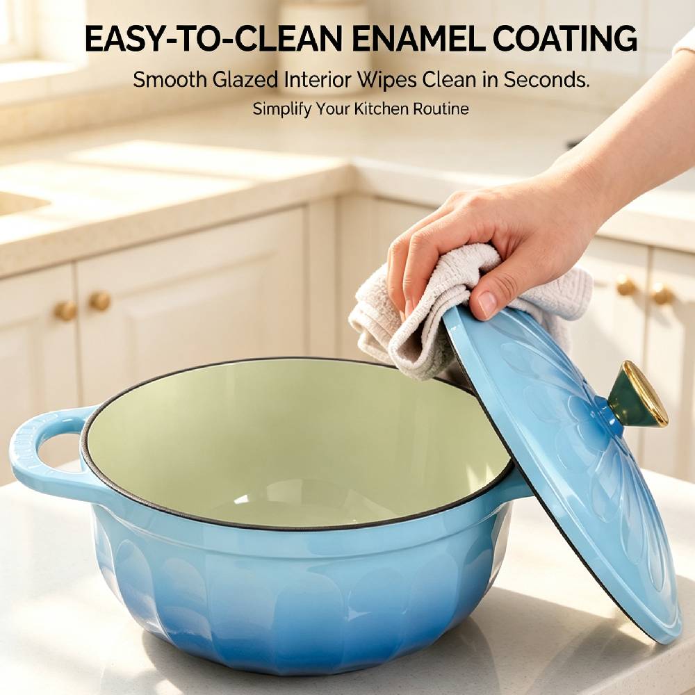 EASY-TO-CLEAN ENAMEL COATING  
Smooth Glazed Interior Wipes Clean in Seconds.  
Simplify Your Kitchen Routine
