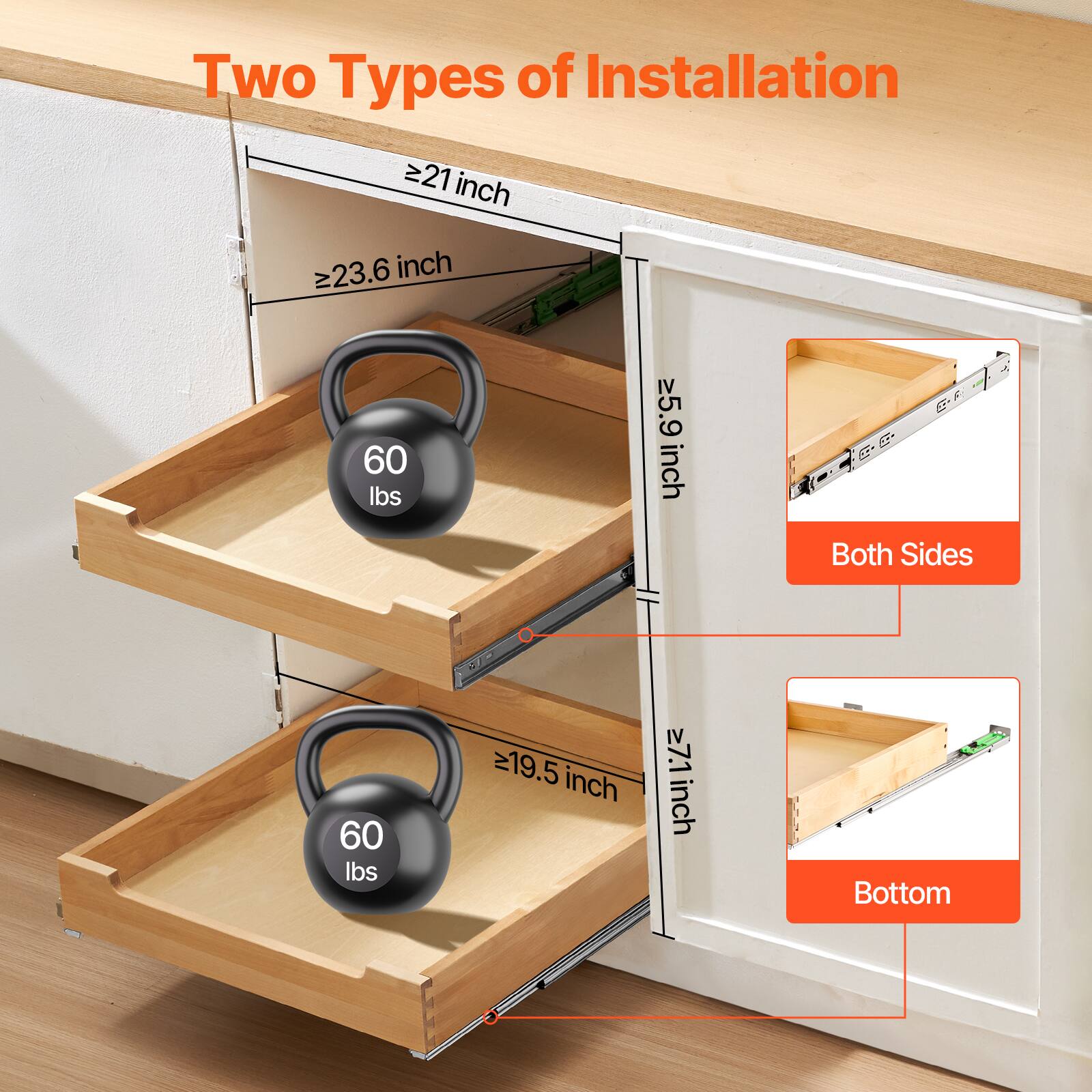 Two Types of Installation

- ≥21 inch
- ≥23.6 inch
- ≥5.9 inch
- ≥19.5 inch
- ≥7.1 inch

60 lbs

Both Sides

Bottom