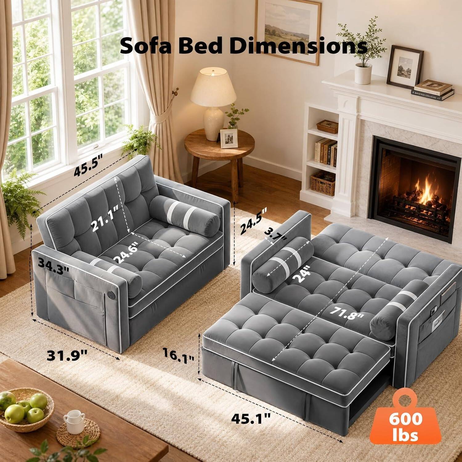 Sofa Bed Dimensions

45.5" x 21.1" x 34.3" x 24.6" x 31.9" x 16.1"
24.5" x 3.7" x 24" x 71.8"
45.1"

600 lbs